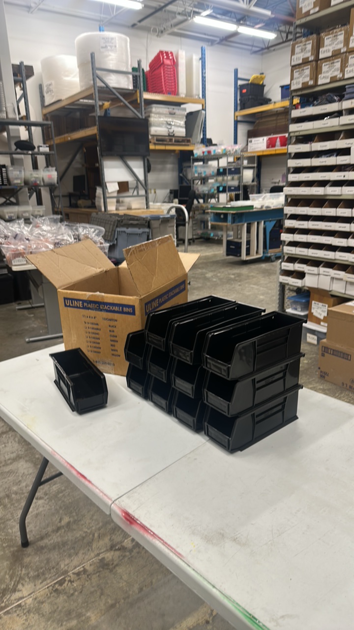 New Uline 11x4x4 stackable  black plastic bins (lot 12)