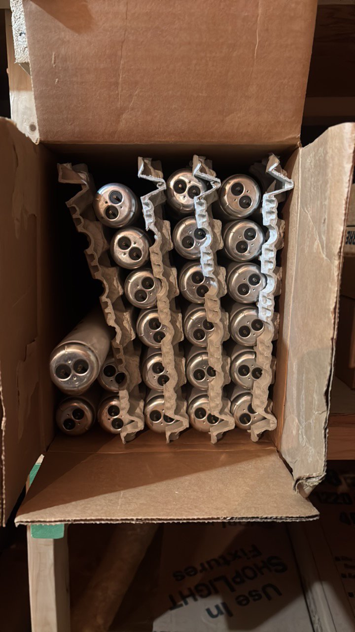 lot 112 image: Open Case Fluorescent Light Bulbs, 23 Bulbs in Box, F4825WUTSL 25 Watt, 48 Inches Long, Utility Shoplite from All American Lamp T12 Bi-Pin