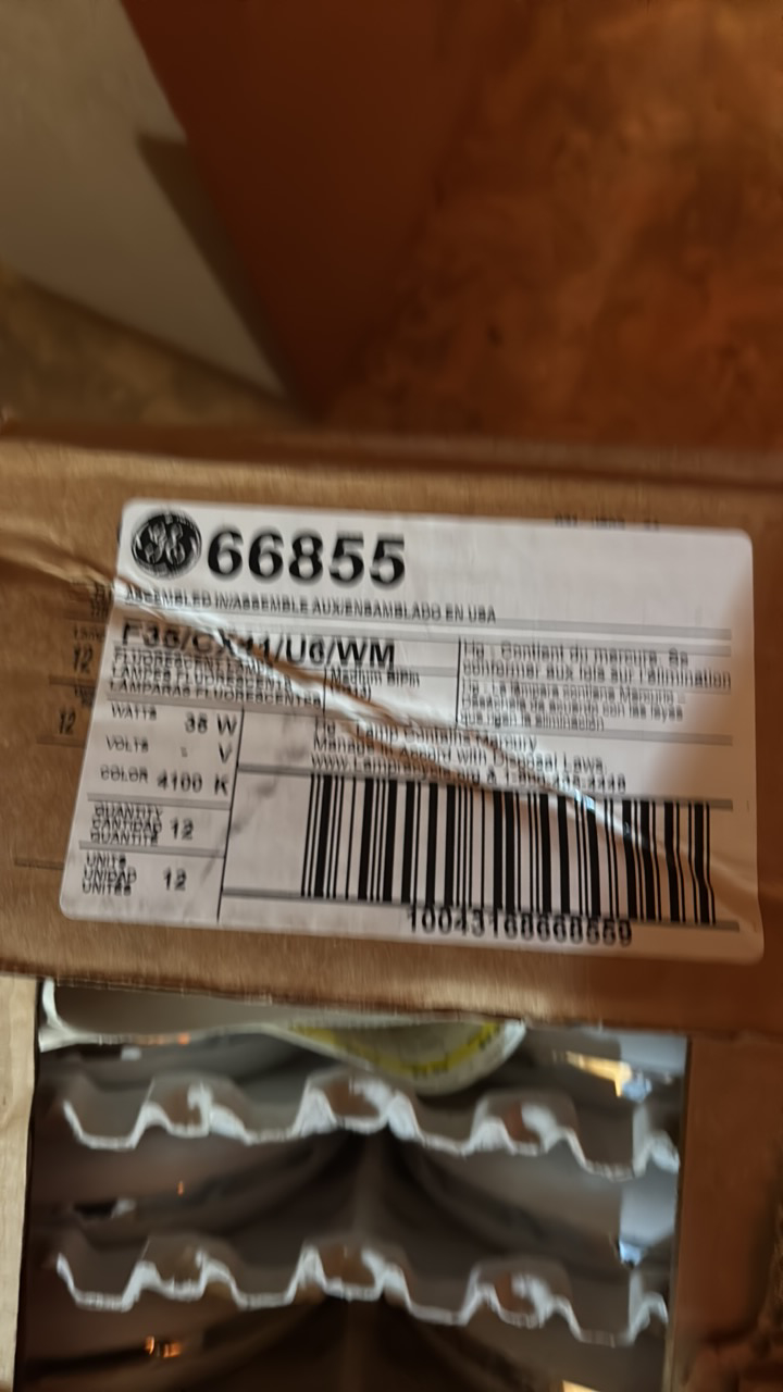 lot 125 image: Full Case of General Electric Fluorescent Light Bulbs, 12 Bulbs in Box U Shaped Bulbs, F35CX41U6WM 35 Watts, 4100K Color Temperature, Medium BiPin