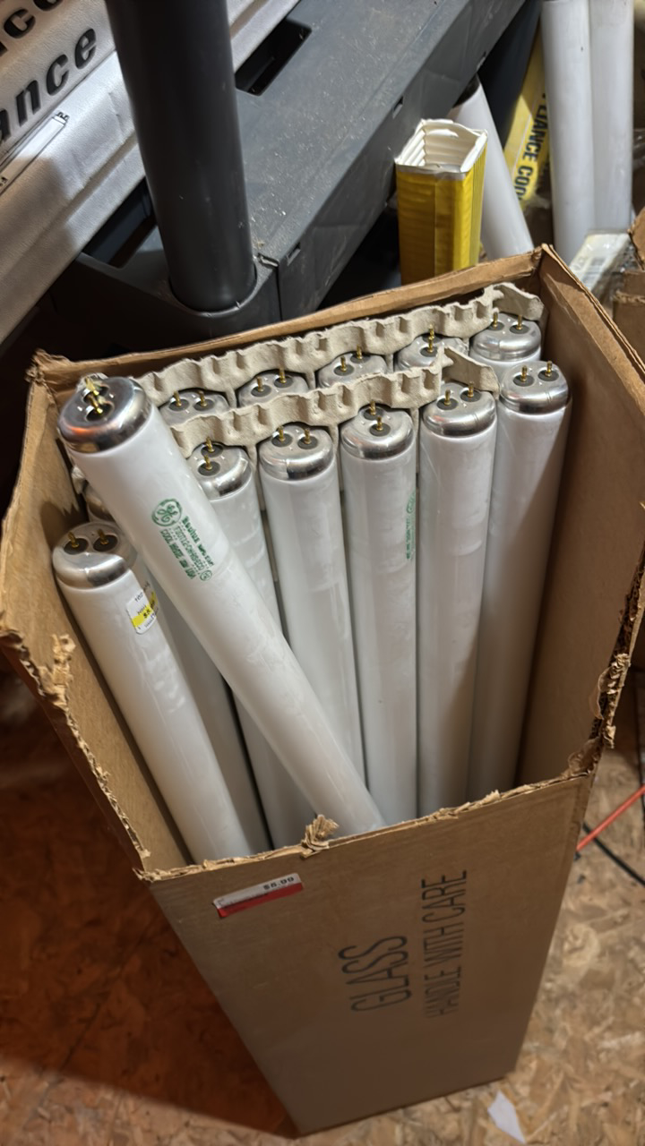lot 141 image: Open Case of General Electric Fluorescent Light Bulbs, 14 Bulbs in Box, F30T12-CW-RS-Eco Cool White 30 Watts