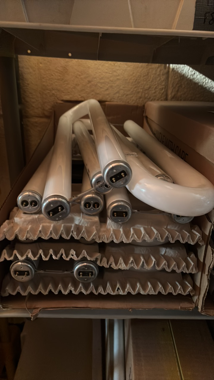 lot 153 image: Open Case of General Electric Fluorescent Light Bulbs, 12  U Shaped Bulbs in Box,F40SP41-U-3 Mod-U-Line