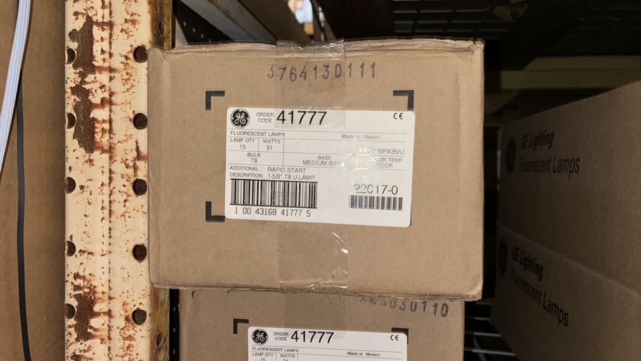 lot 185 image: Full Case General Electric Fluorescent Bulbs, 15 Bulbs, F48-T12-CW, 31 Watts, U-Shape, T8 Medium Bi-Pin, 3500K Color Temp Cool White Rapid Start