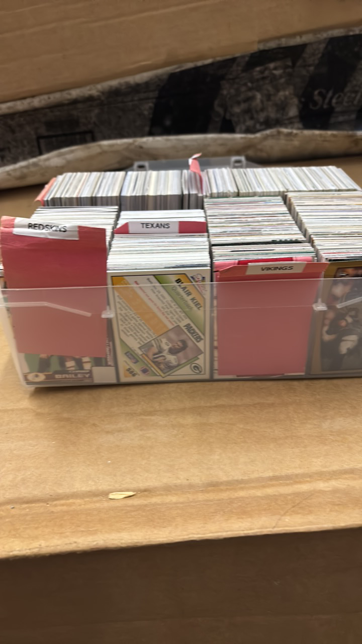 lot 154 image: Big Plastic Box of Football Cards, Sorted by Team, Lots of Vikings, Cards are From 1990s and 2000s