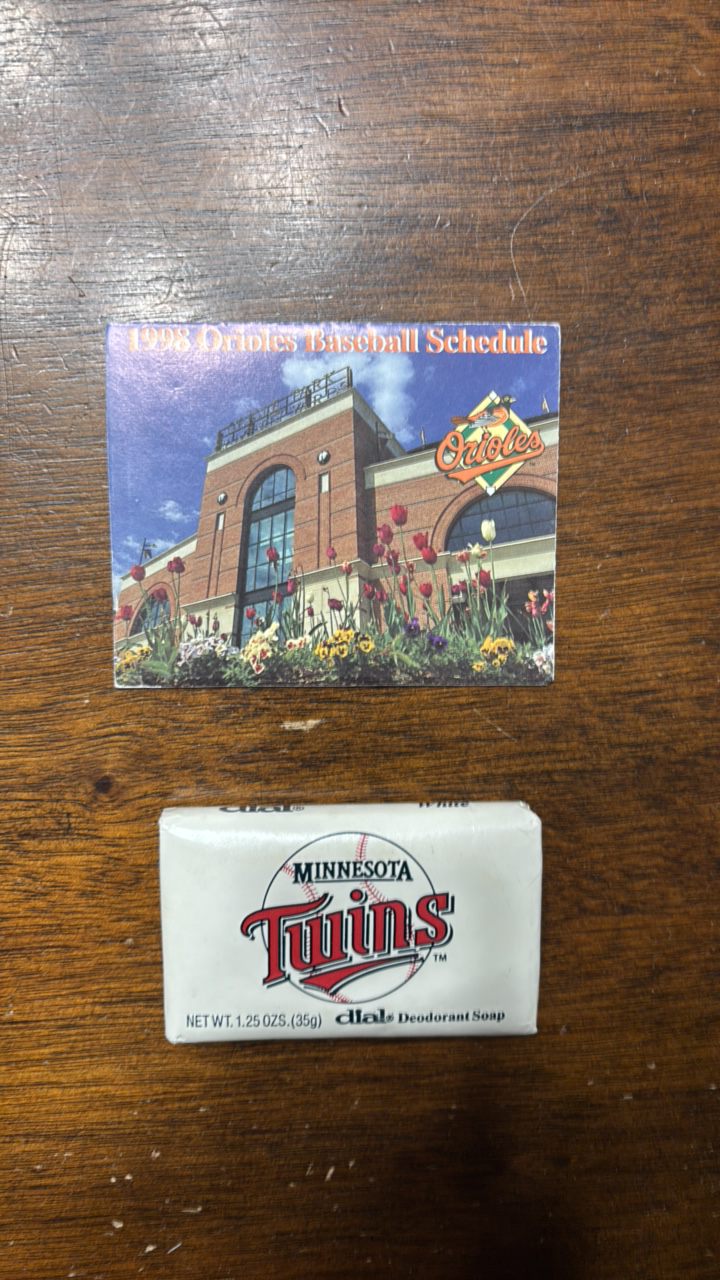 lot 276 image: Vintage Minnesota Twins Soap, Sealed, Also 1998 Baltimore Orioles Baseball Schedule