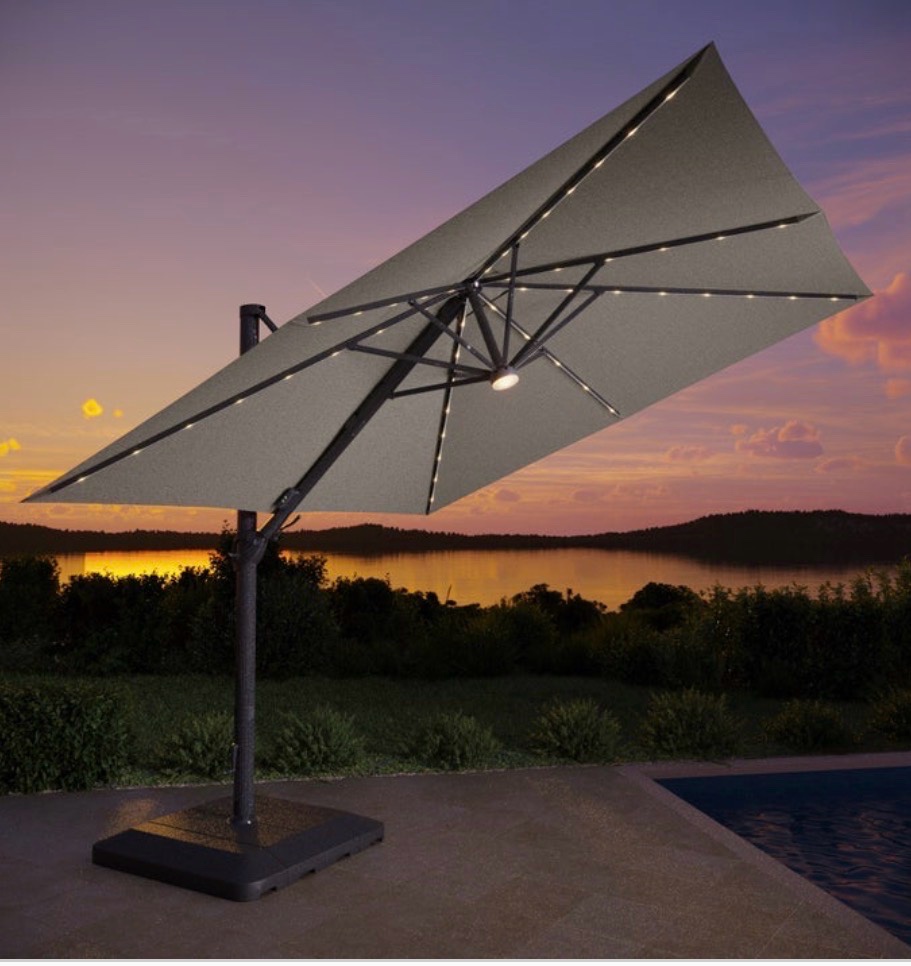 Seasons Sentry 10' Square 2-Tier Solar LED Aluminum Cantilever Umbrella with Base