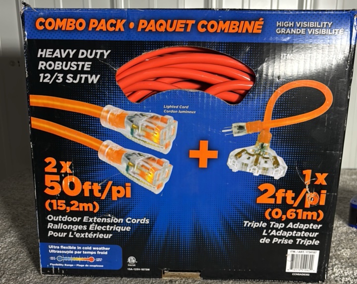 Prime 50ft Extension Cord-2-pack & 2ft Triple Tap Adapter