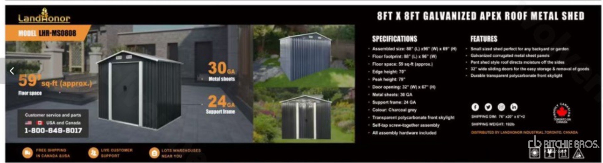 lot 39 image: Land Honor LHR-MS0808 Galvanized Apex Roof Metal Shed, 8 x 8