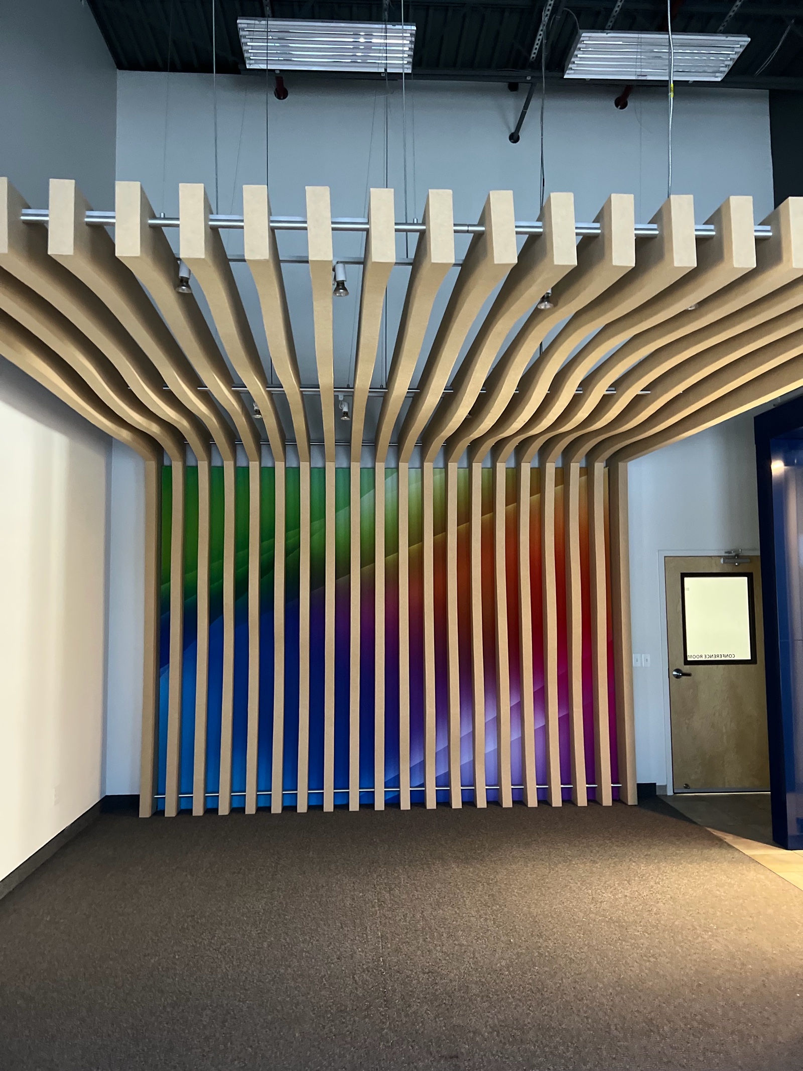 lot 111 image: Decorative Acoustic Slat Sound Wall with lighting.