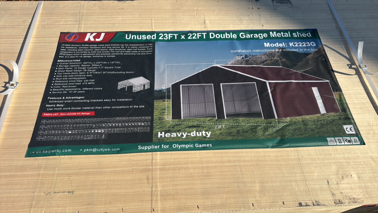 lot 205 image: 2025 K2223G Unused 23ftx22ft Double Garage Metal shed