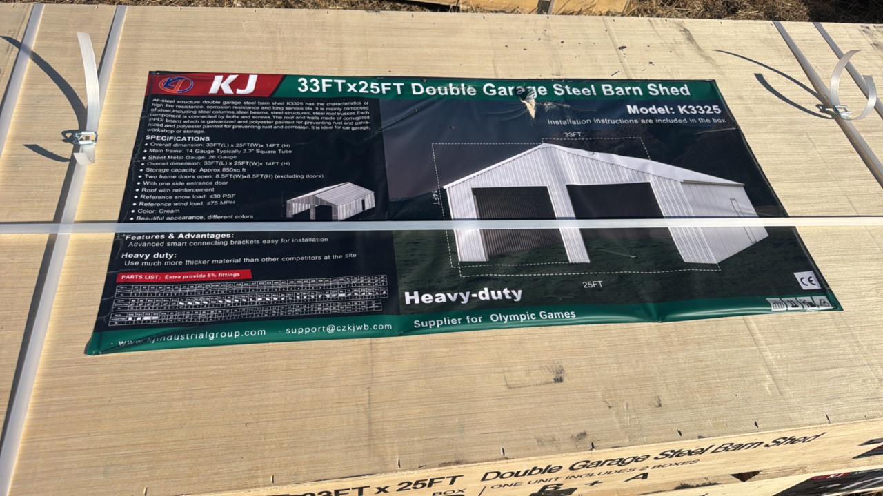 lot 218 image: 2025 K3325 Unused 33FTx25FT Double Garage Steel Barn