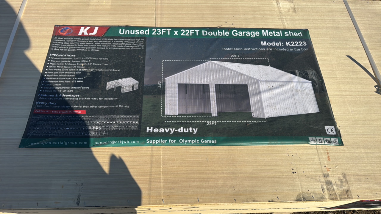 lot 223 image: 2025 K2223 Unused 23ftx22ft Double Garage Metal shed
