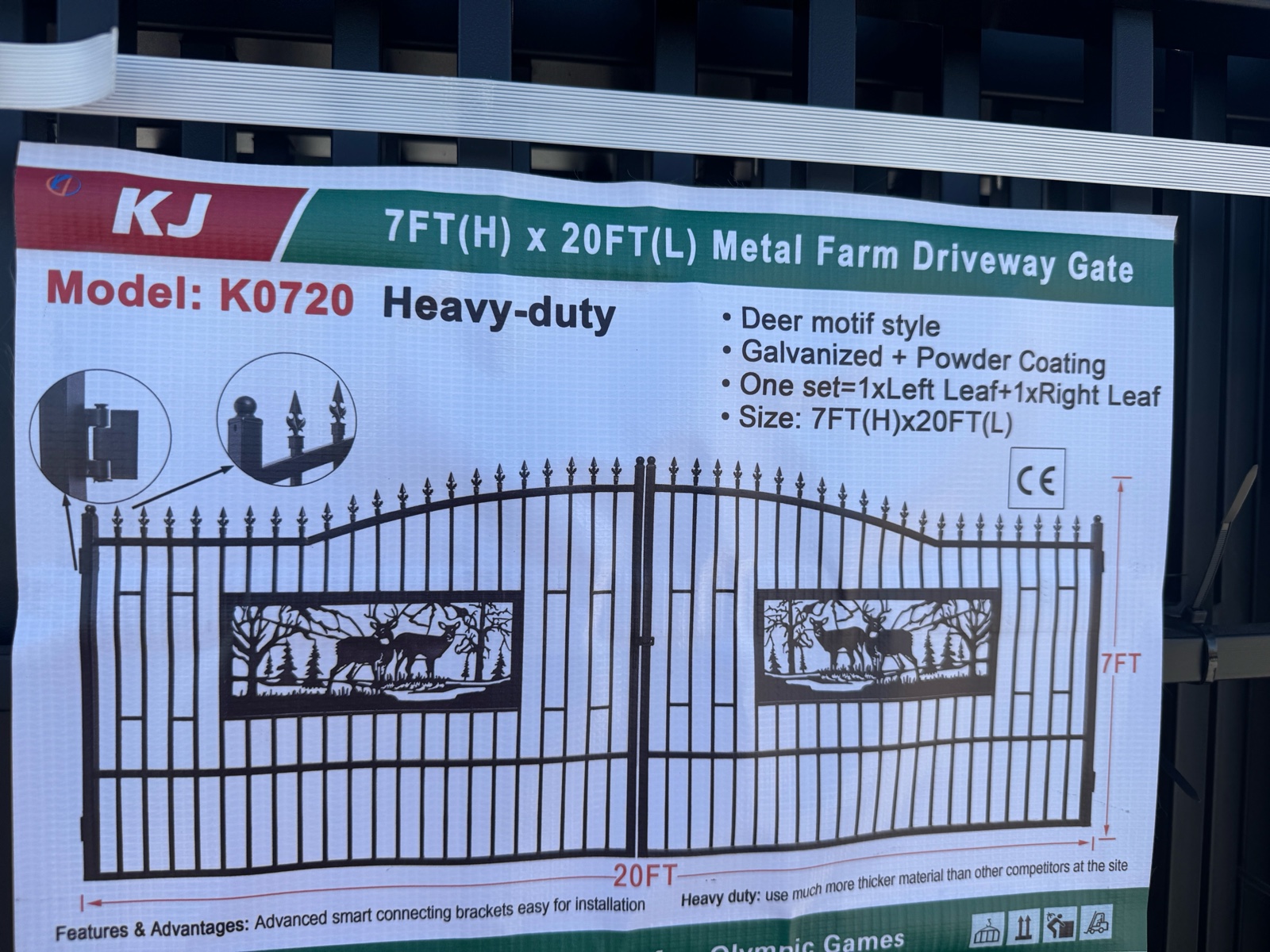 lot 226 image: 2025 K0720 Unused 7FT(H)x 20FT(L) Metal Farm Driveway Gate
