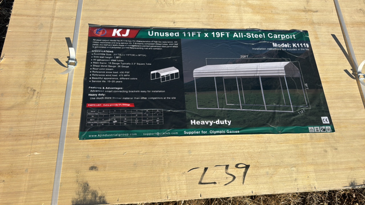 lot 239 image: 2025 K1119 Unused 11FTx19FT All- Steel Carport