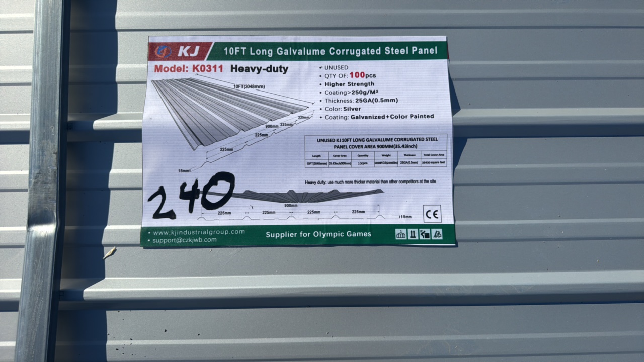 lot 240 image: 2025 K0311 Unused 10FT Long Galvalume Corrugated Steel Panel