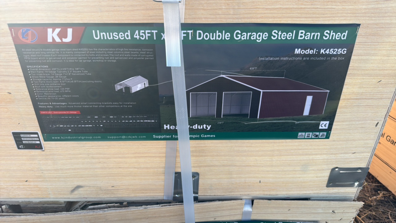 lot 250 image: 2025 K4525G Unused 45FTx25FT Double Garage Steel Barn Shed
