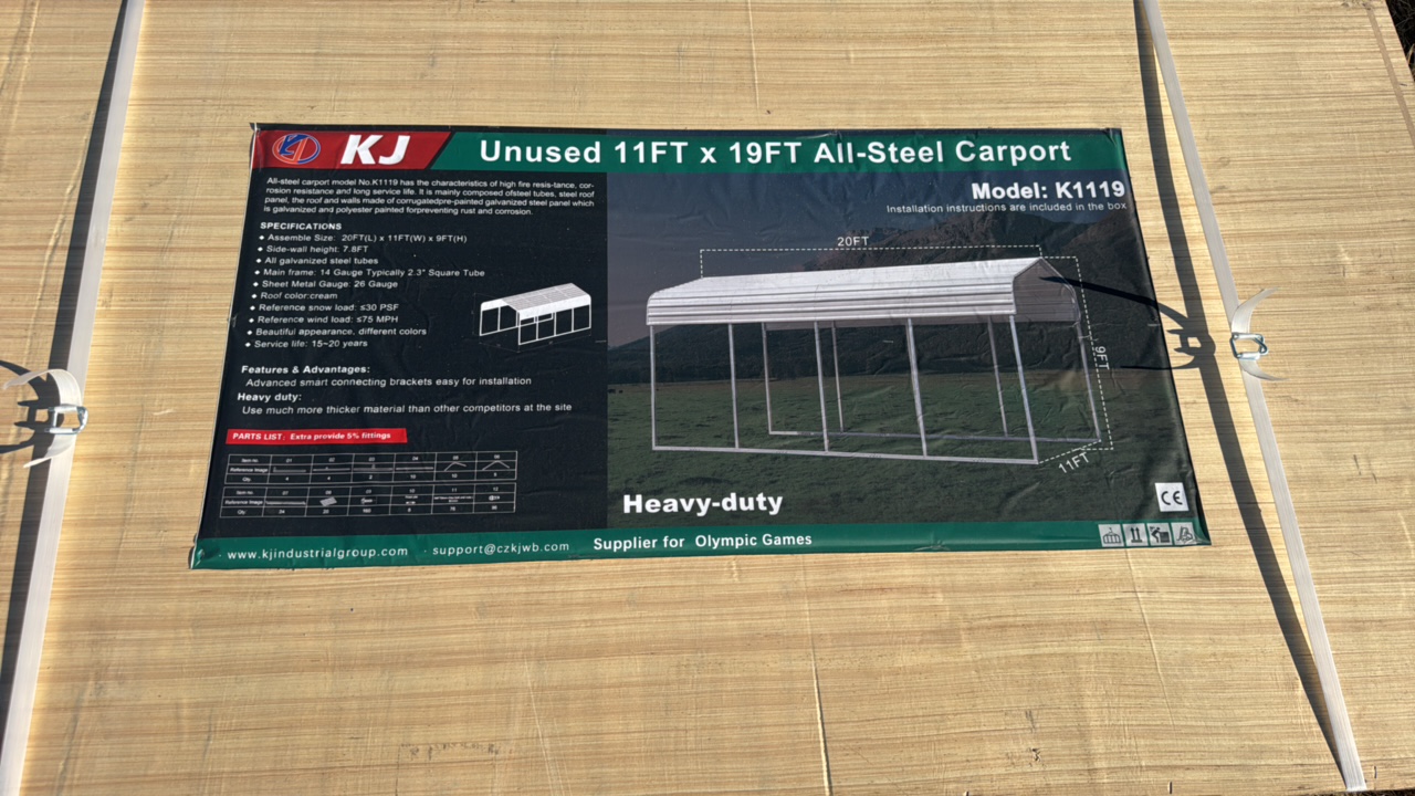 lot 281 image: 2025 K1119 Unused 11FTx19FT All- Steel Carport