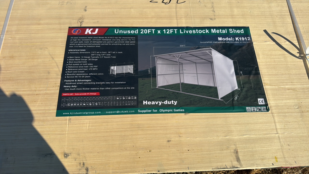 lot 283 image: 2025 K1912 Unused 20FTx12FT Livestock Metal Shed