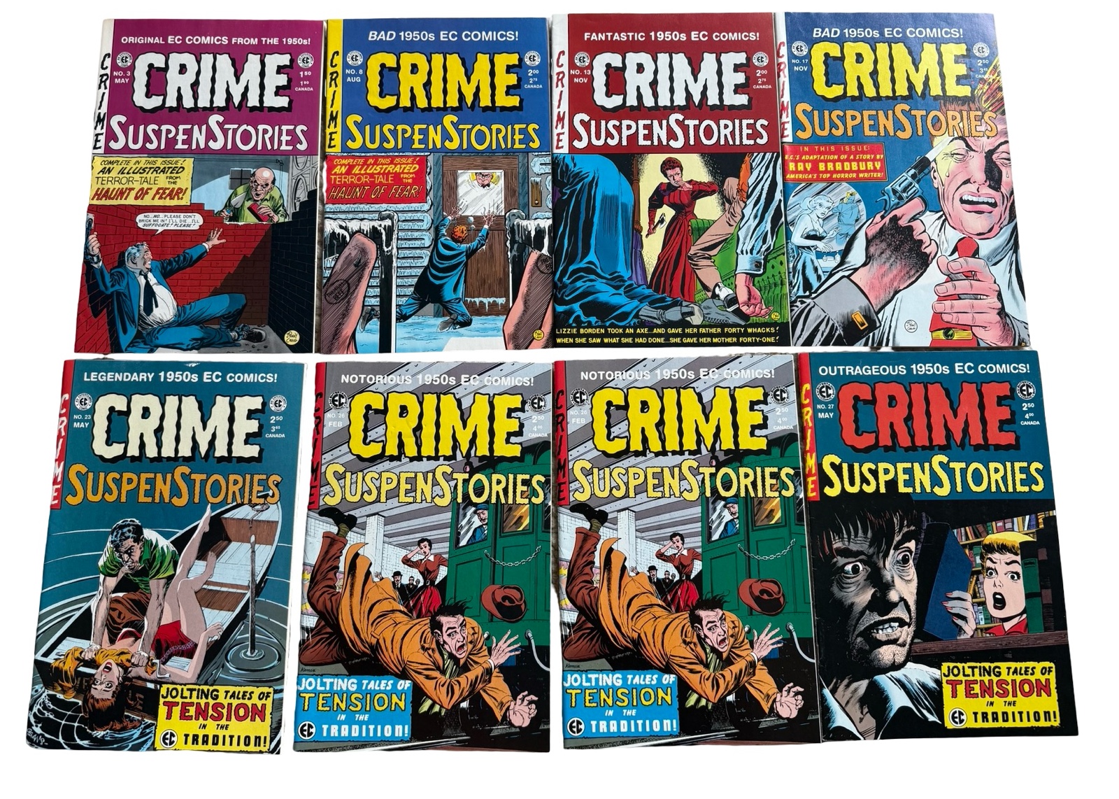 lot 102 image: Crime SuspenStories - #3, #8, #13, #17, #23, (2) #26, #27