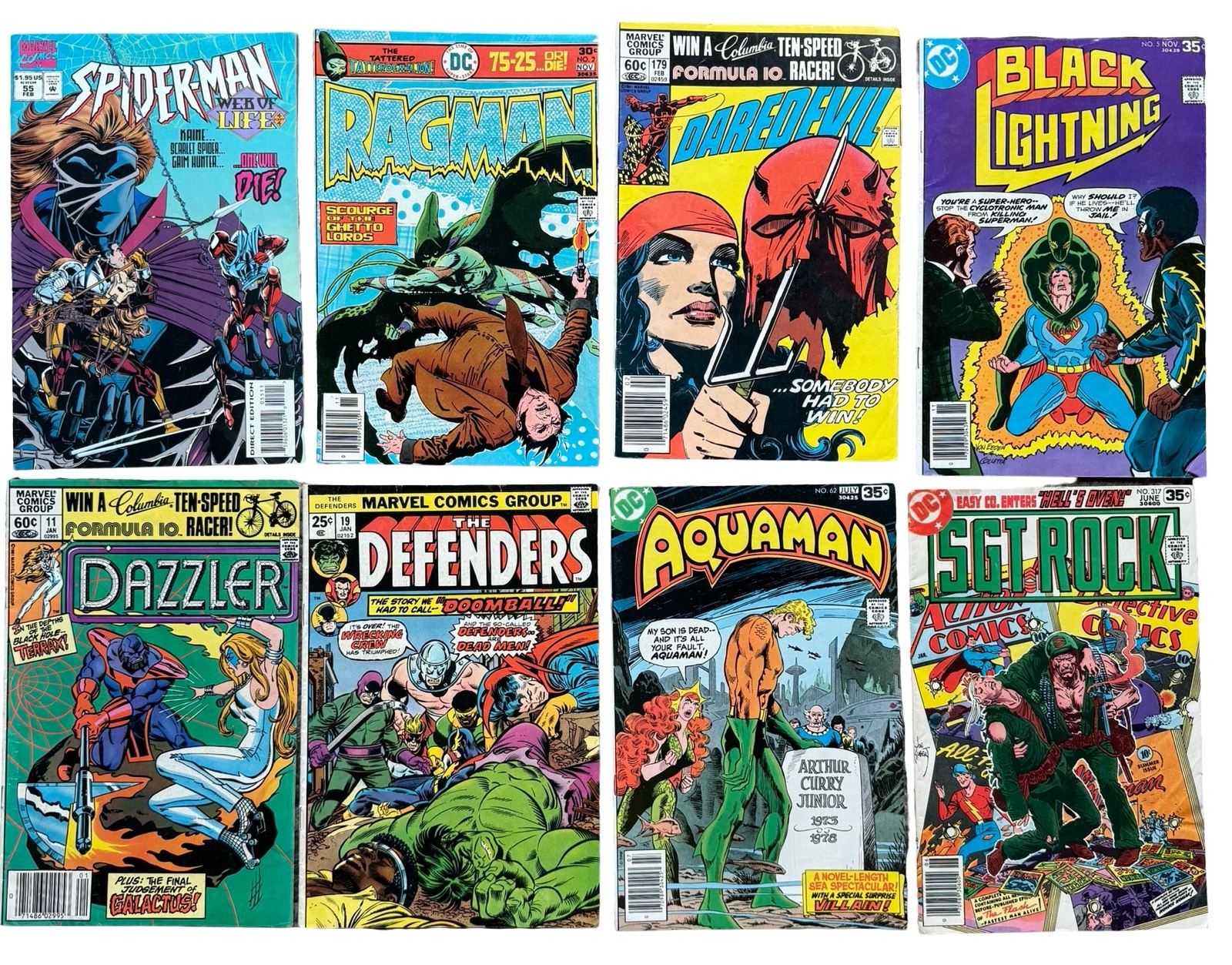 lot 117 image: Spiderman Web of Life, Ragman, Daredevil, Black Lightning, Dazzler, The Defenders, Aquaman, & SGT Rock Comics