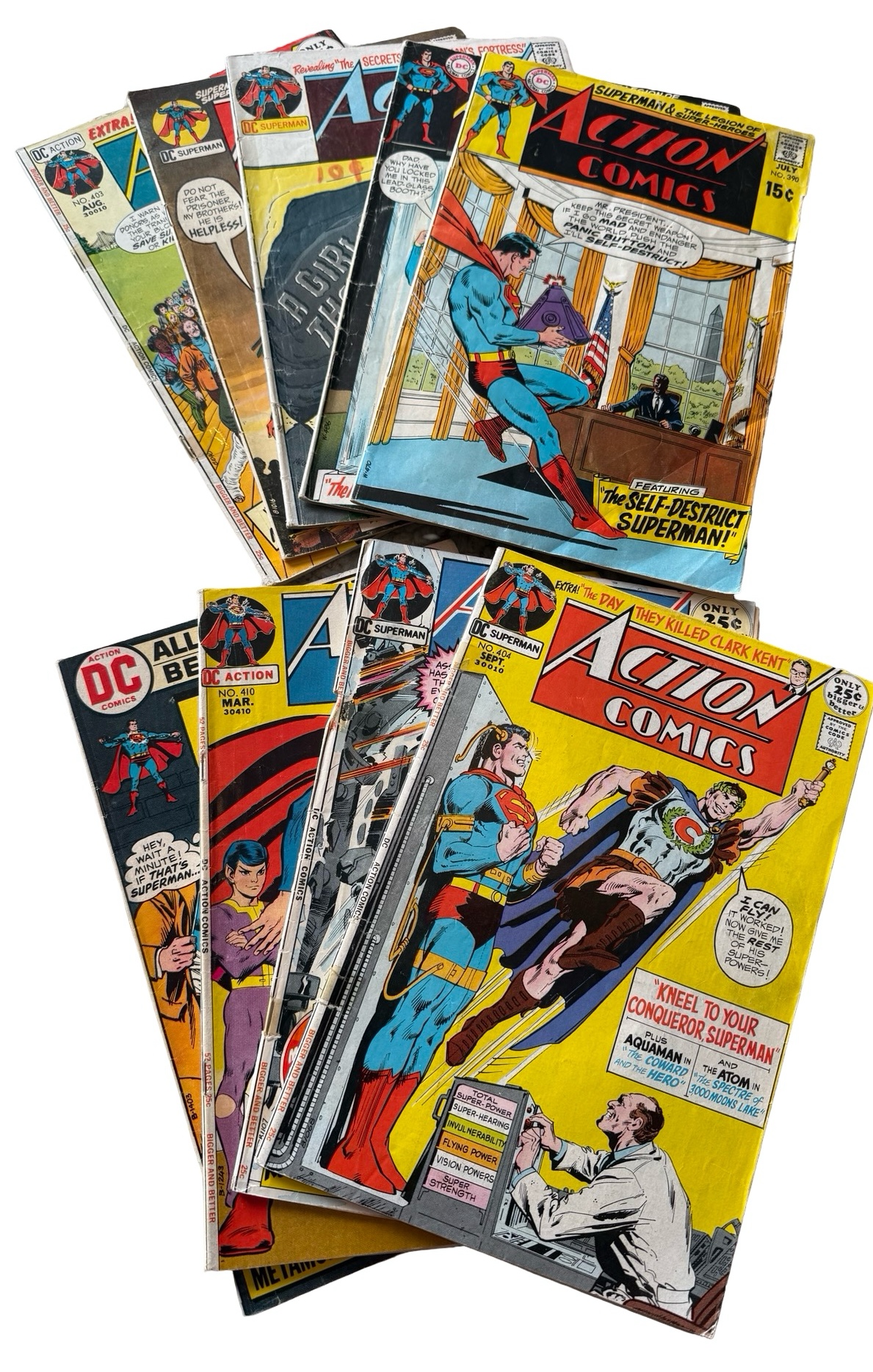 lot 59 image: Action Comics - Collection of 9 - #390, #391, #395, #402, #403, #404, #405, #410, #414