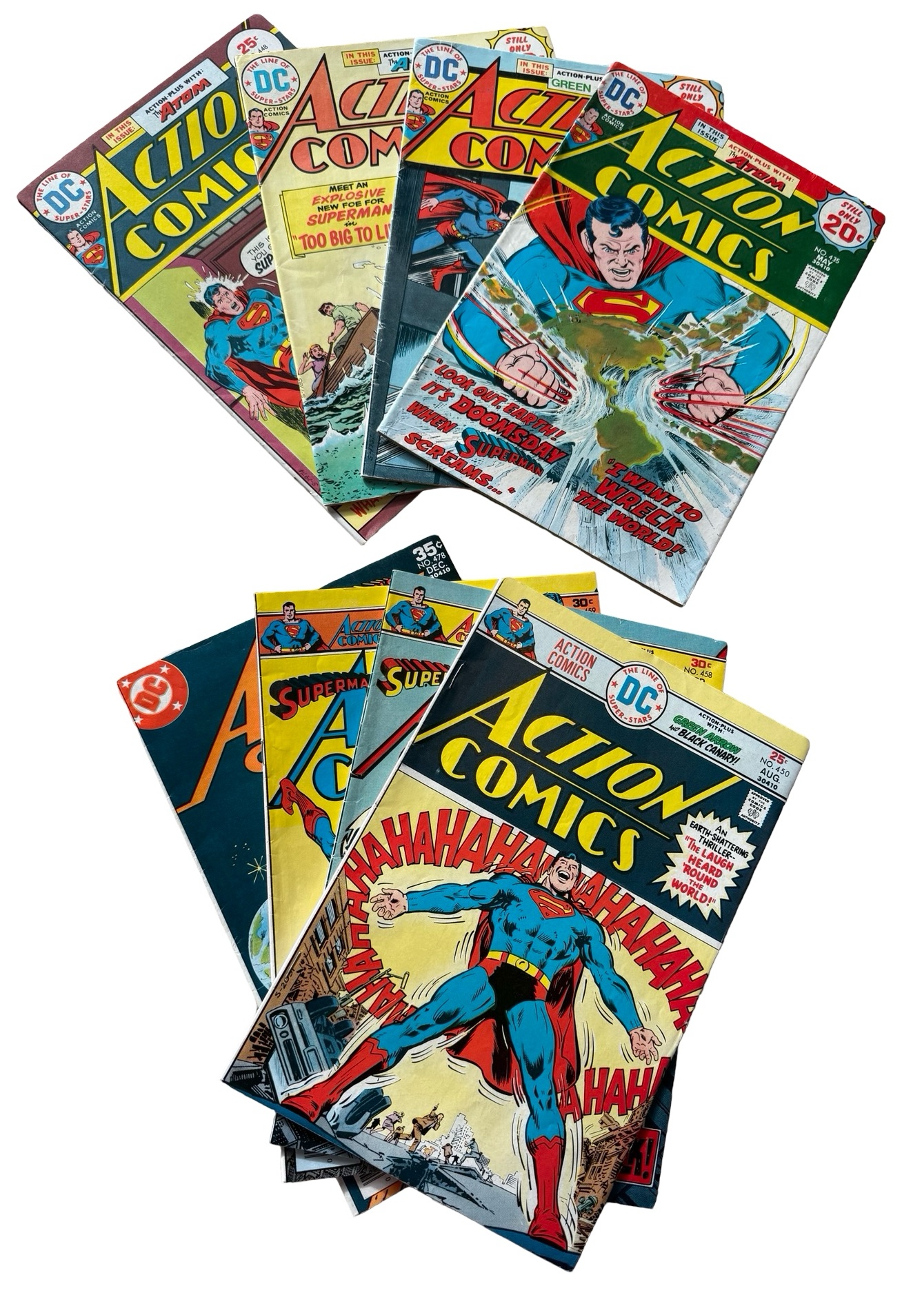 lot 60 image: Action Comics - Collection of 8 - #435, #436, #439, #448, #450, #458, #459, #478