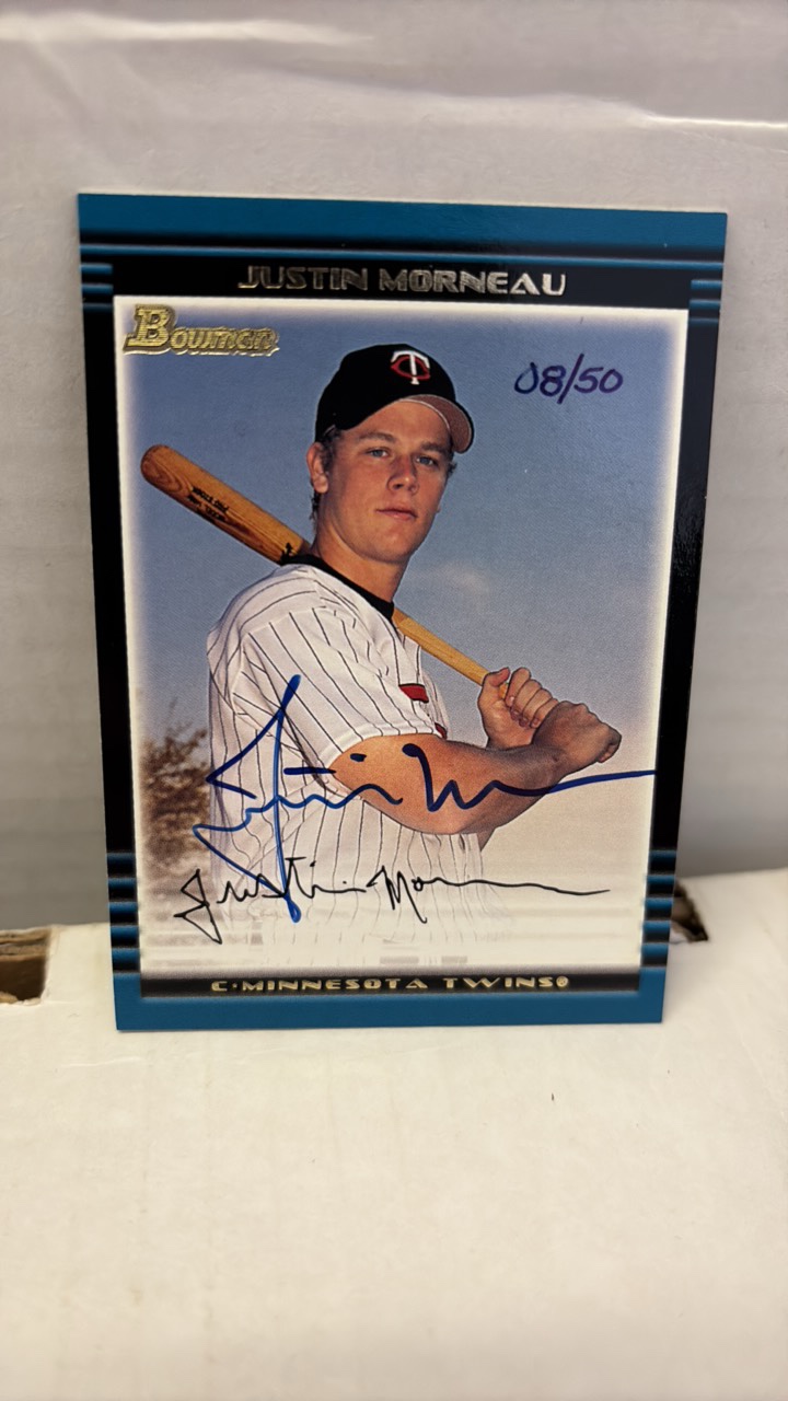 lot 184 image: 2002 Bowman Autographed Justin Morneau Rookie Card Serial #d 0850 Rare On Card Auto Minnesota Twins