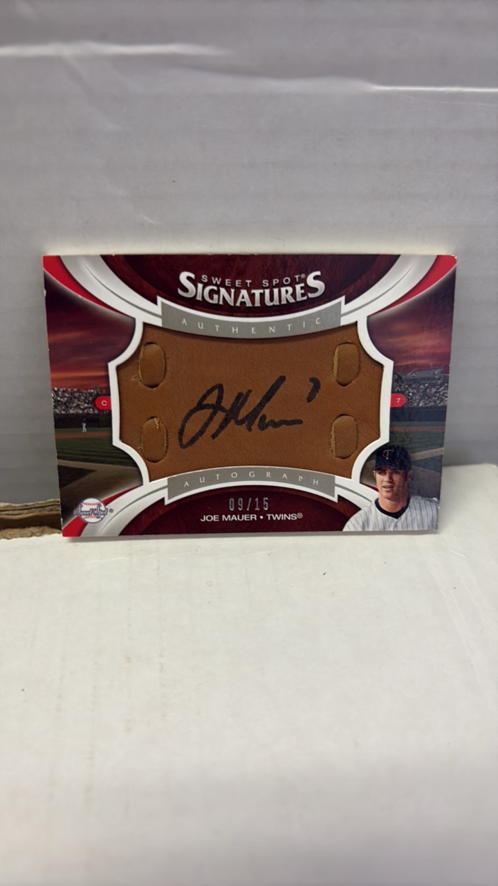 lot 185 image: 2006 Upper Deck Sweet Signatures Joe Mauer Autographed Card, Signed On a Piece of a Baseball Glove, Serial #d 0915 Very Rare, Comes in Hard Plastic Case for Protection