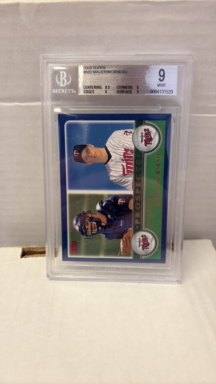 lot 187 image: 2003 Topps Joe Mauer and Justin Morneau Dual Rookie Card Beckett Graded 9 MINT, Two Minnesota Twins Legend Rookies on the Same Card