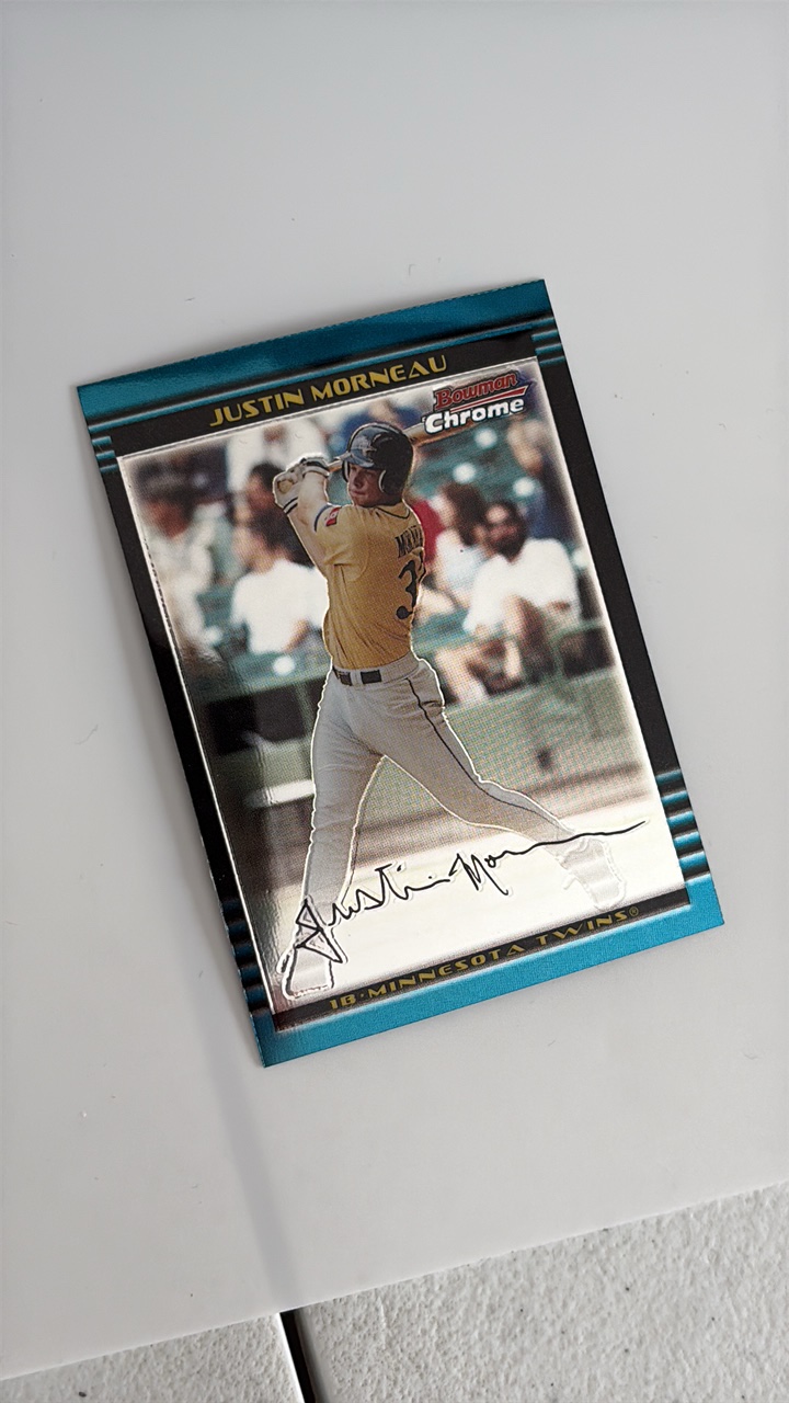lot 213 image: 2002 Bowman Chrome Justin Morneau Rookie Card Minnesota Twins