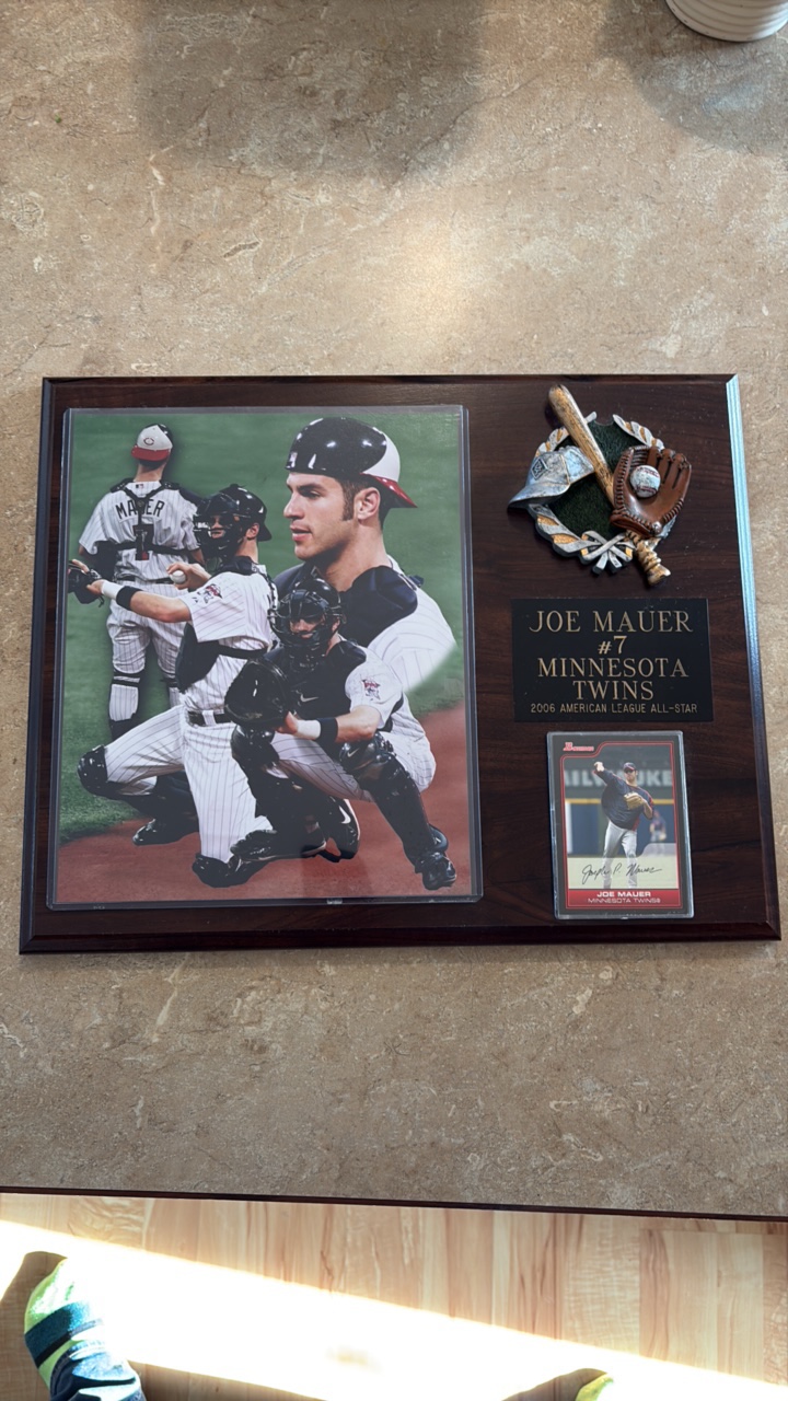 lot 302 image: Joe Mauer Framed Player Photograph, Baseball Card and Engraved Nameplate, Great Decoration for any Twin Fan Who is Building a Man Cave
