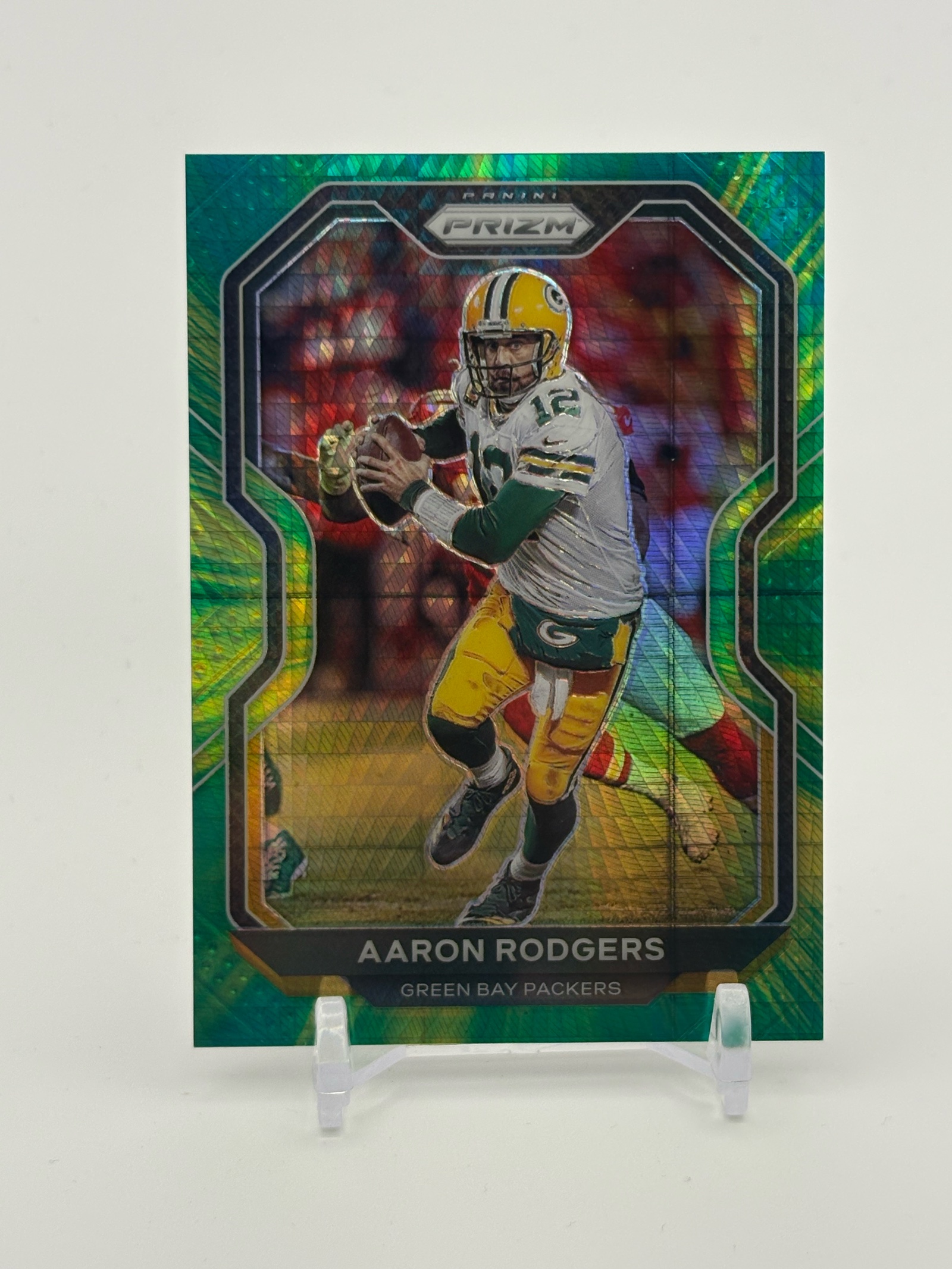 lot 385 image: 2020 Panini Prizm Green and Gold Green Bay Packers Color Match Parallel Aaron Rodgers Serial #d 11175