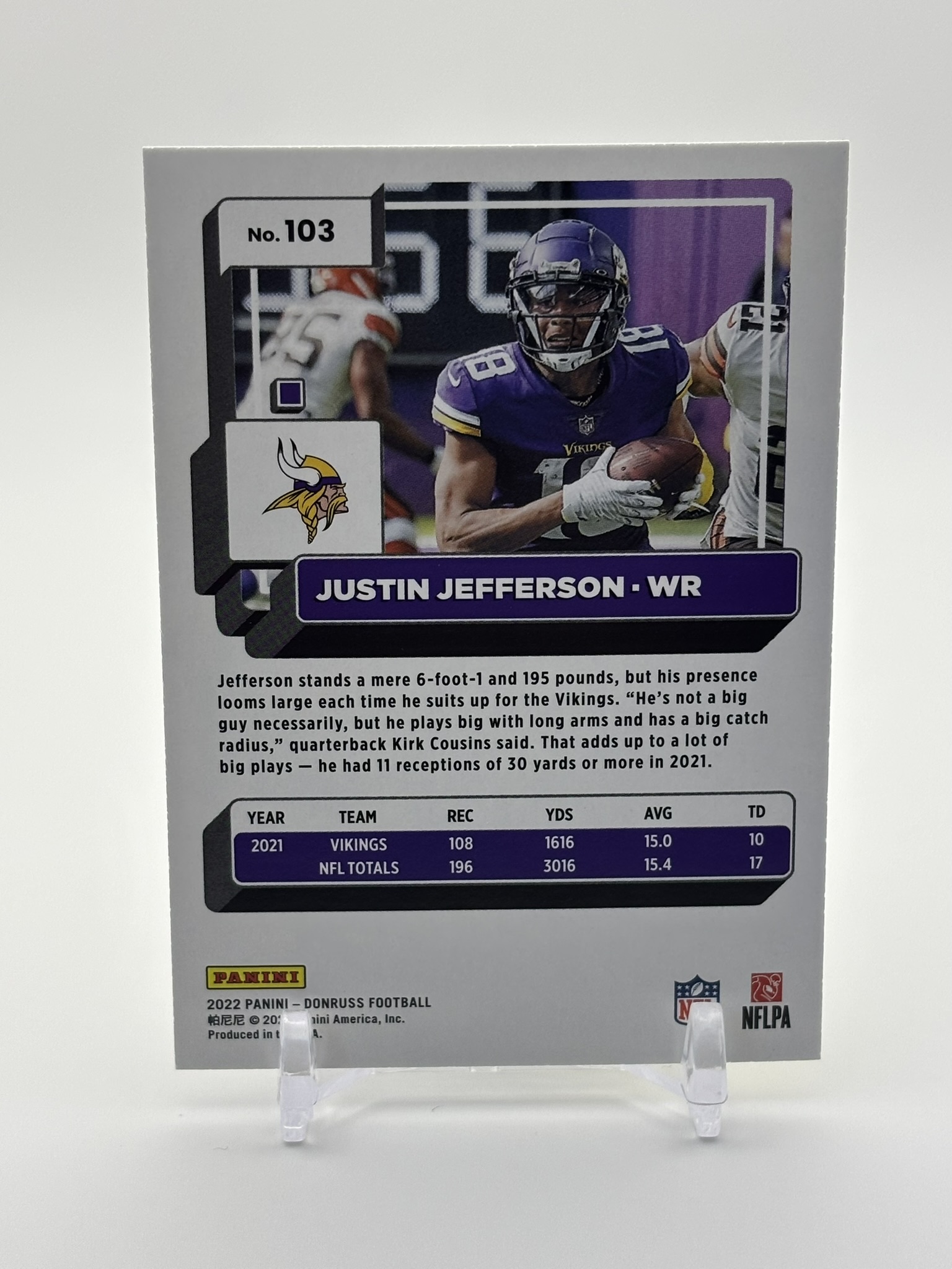 lot 418 image: 2022 Donruss Press Proof Yellow Parallel Justin Jefferson Minnesota Vikings Card