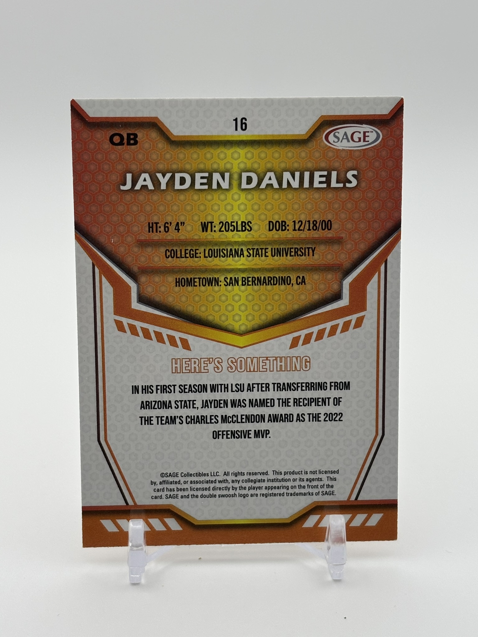 lot 449 image: 2024 Sage Jayden Daniels Rookie Card #16 Washington Commanders NFL