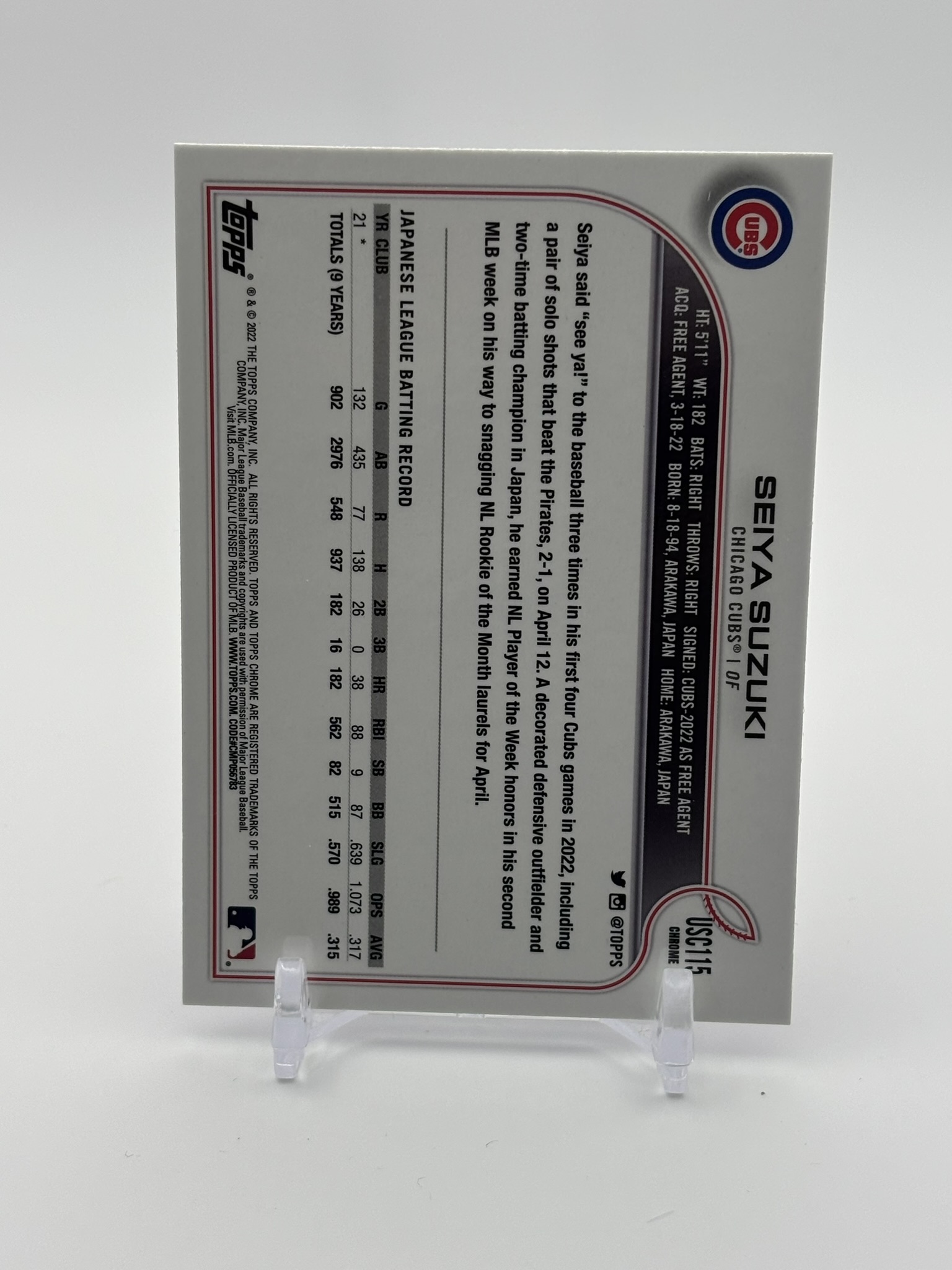 lot 452 image: 2022 Topps Chrome Update Series - Seiya Suzuki Purple Refractor Rookie Card