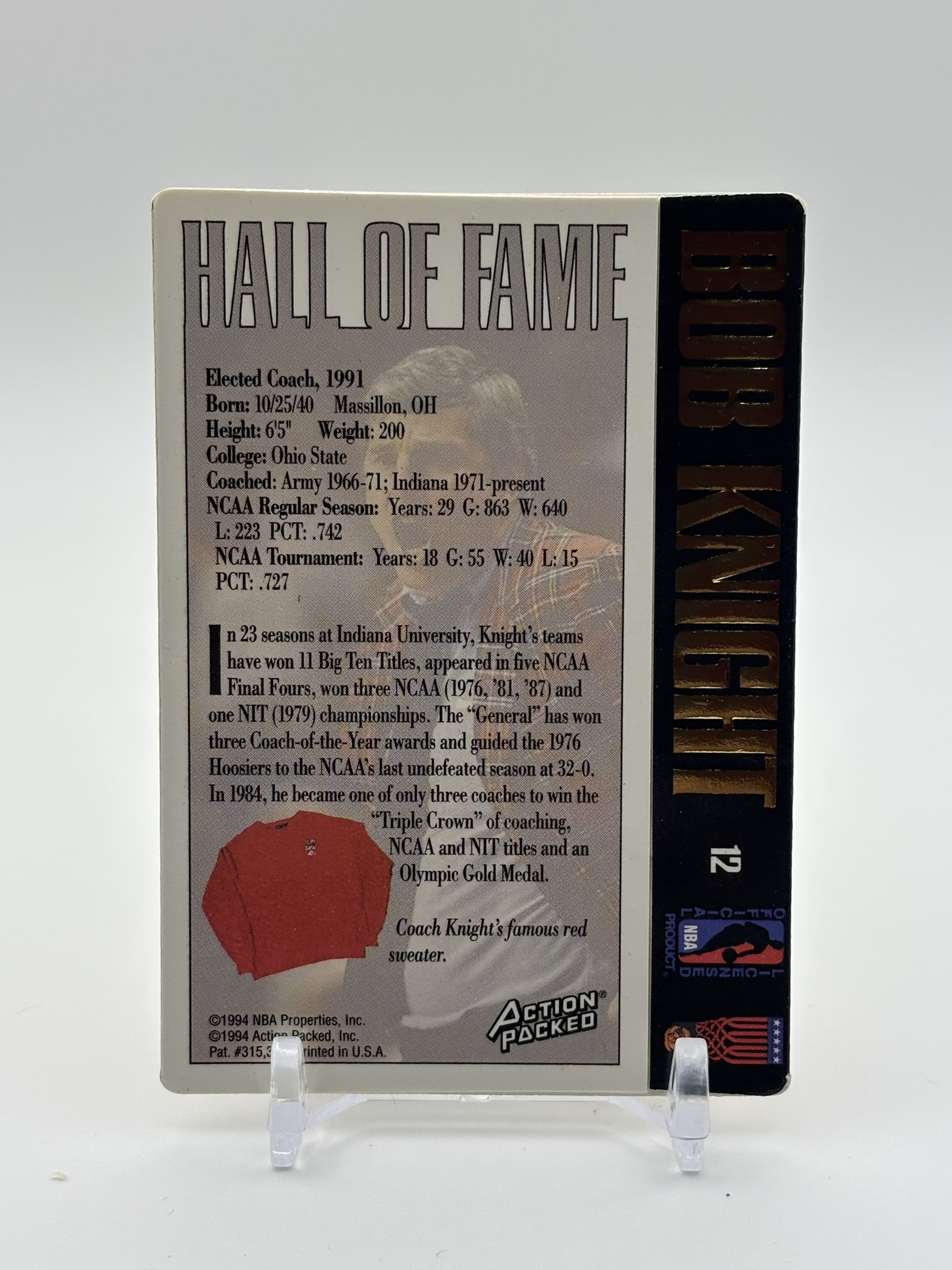 lot 459 image: 1994-95 Action Packed Basketball Hall of Fame - Bob Knight #12 Rookie Card Coach