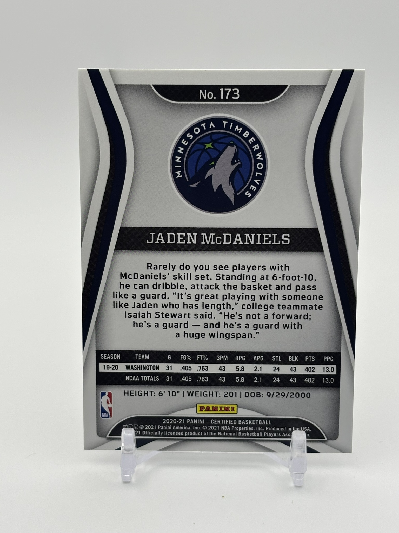 lot 469 image: 2020-21 Panini Certified - Jaden McDaniels #173 Rookie Card Minnesota Timberwolves