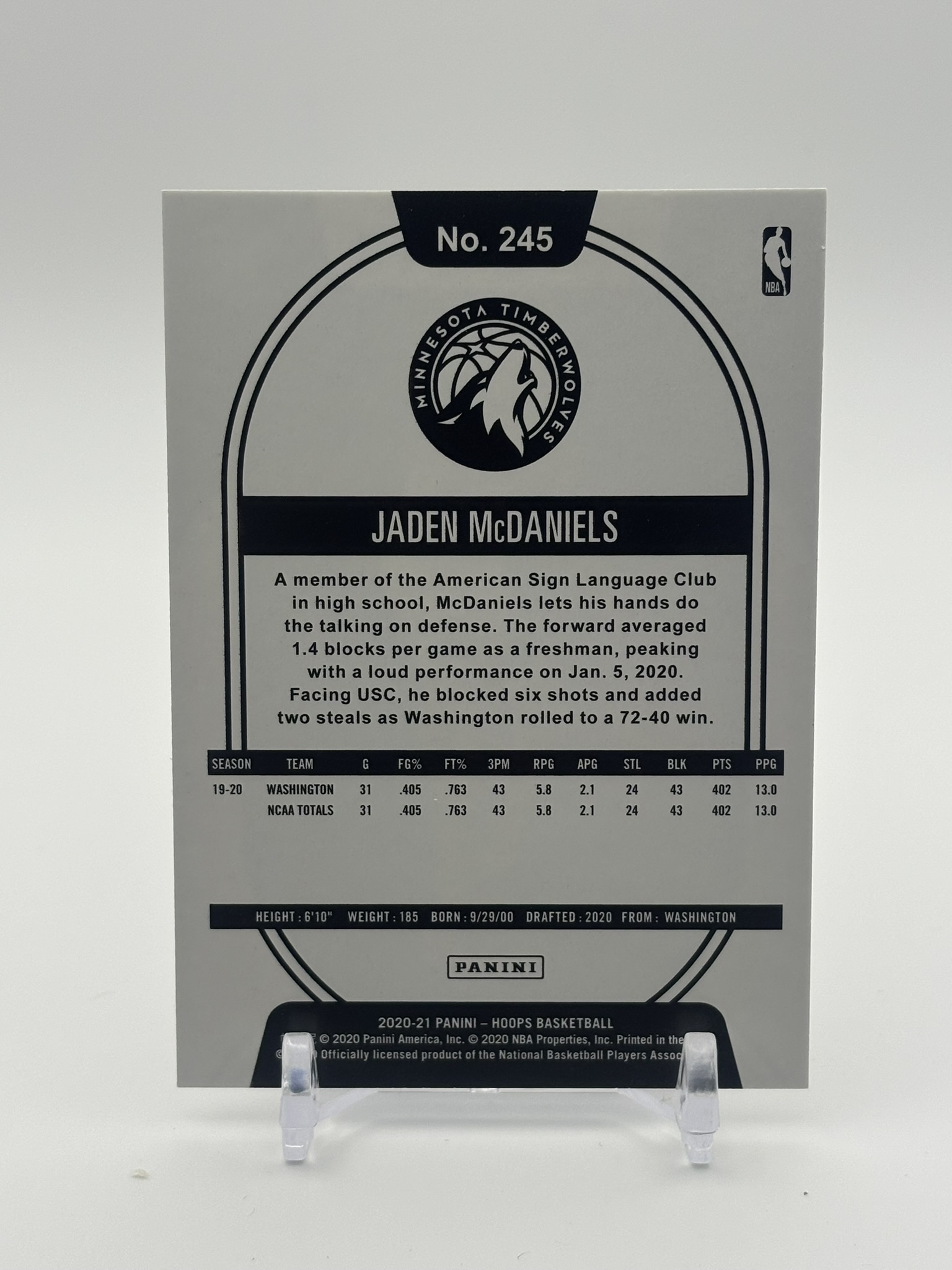 lot 476 image: 2020-21 Panini NBA Hoops - Jaden McDaniels #245 Rookie Card Minnesota Timberwolves