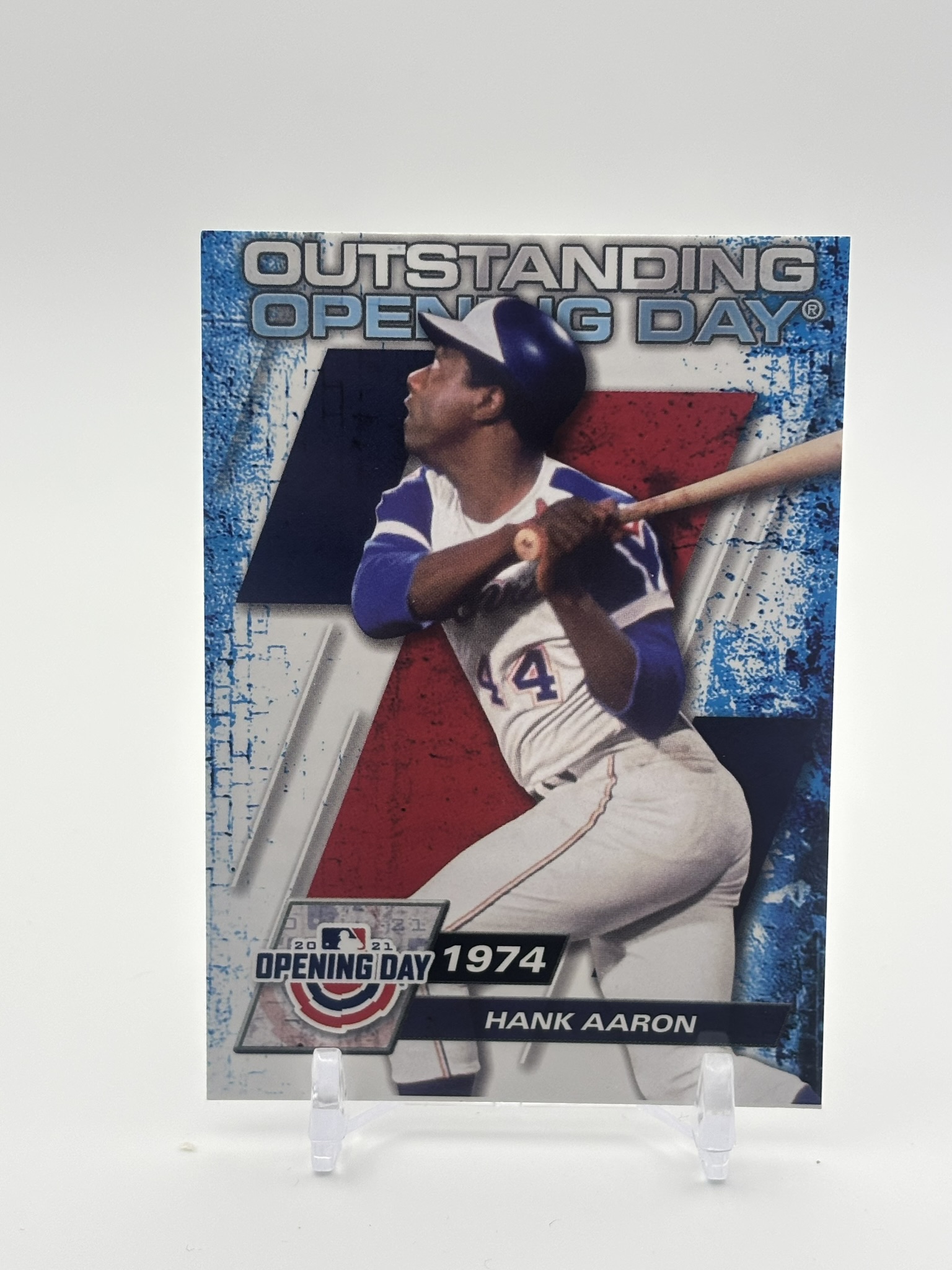 lot 482 image: 2021 Topps Opening Day Outstanding Opening Day Hank Aaron 1974-Style Insert