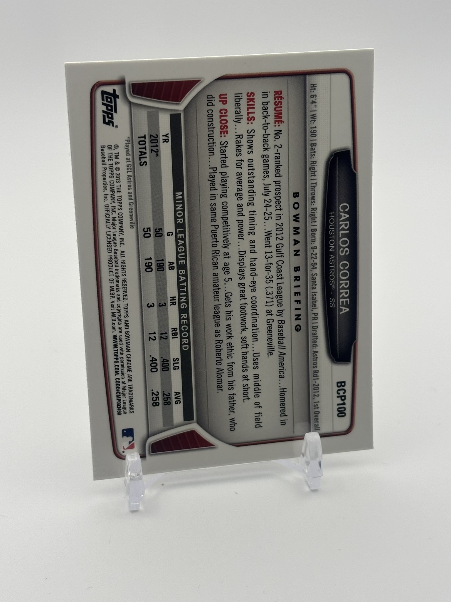 lot 493 image: 2013 Bowman Chrome Carlos Correa Rookie Card Houston Astros Minnesota Twins