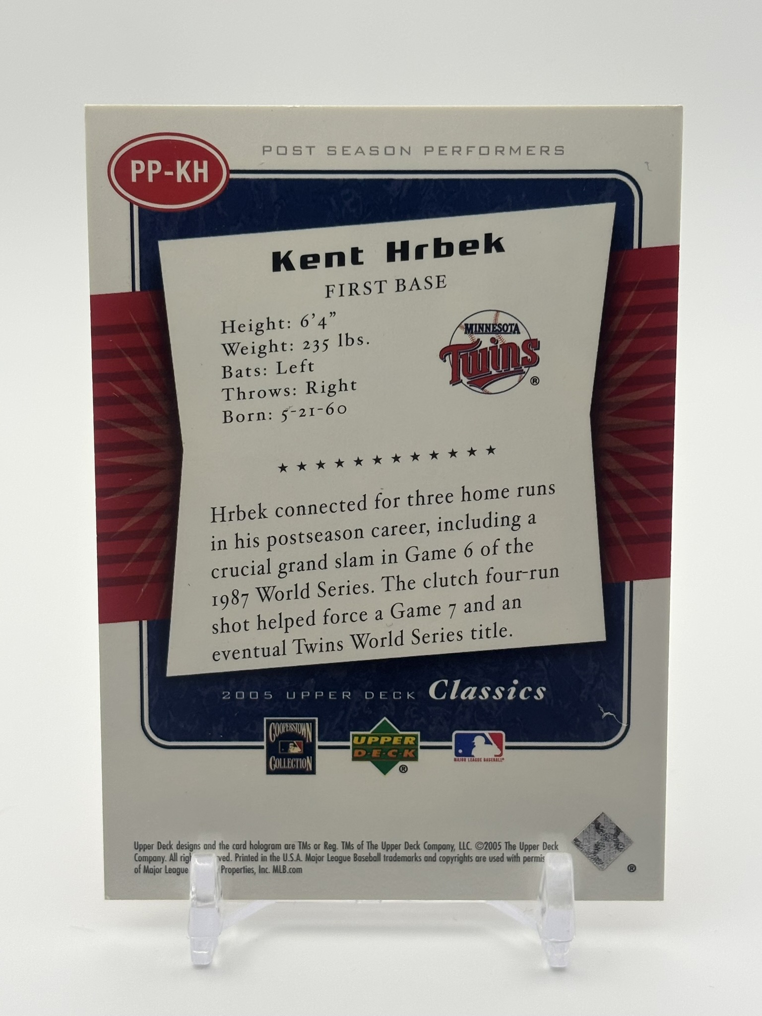 lot 498 image: 2005 Upper Deck Classics - Post Season Performers Kent Hrbek Jersey Materials