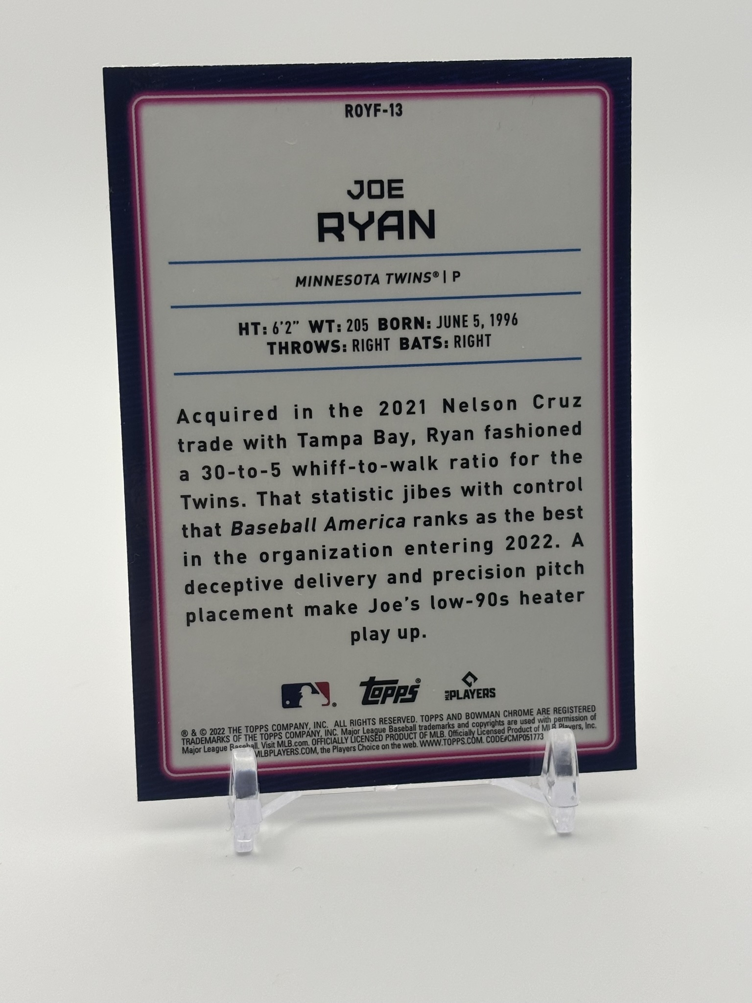 lot 500 image: 2022 Bowman - Rookie of the Year Favorites Joe Ryan Rookie Card Minnesota Twins