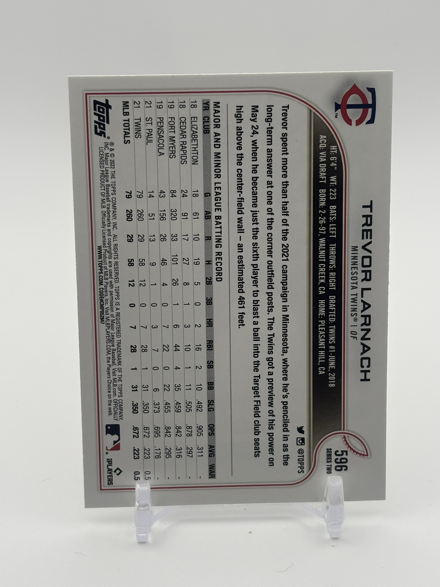 lot 513 image: 2022 Topps Series 2 - Trevor Larnach #596 Minnesota Twins