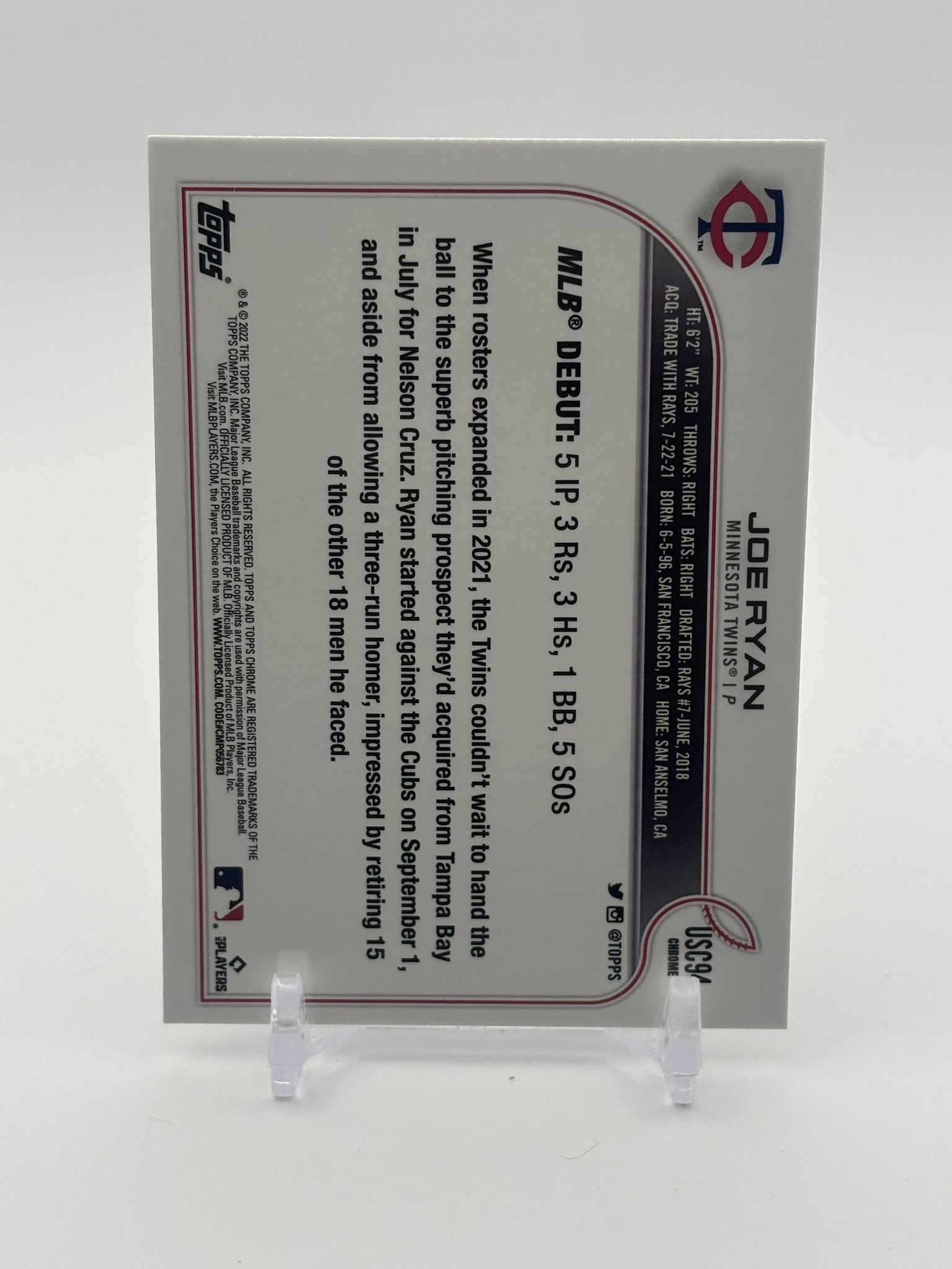 lot 514 image: 2022 Topps Chrome Update Series - Rookie Debut Joe Ryan Rookie Card