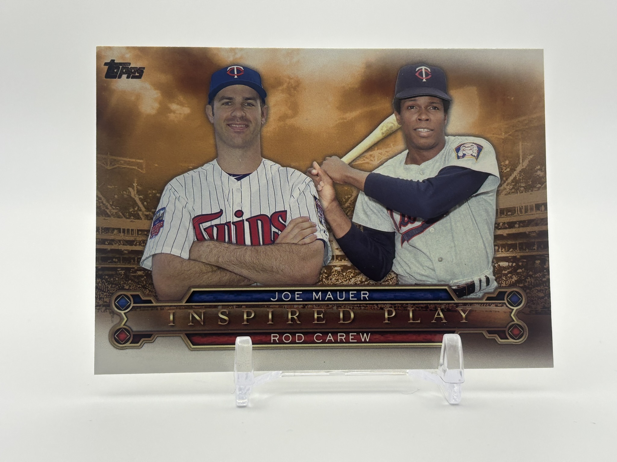 lot 529 image: 2015 Topps Inspired Play Insert Featuring Joe Mauer and Rod Carew Minnesota Twins Legends and Hall of Fame