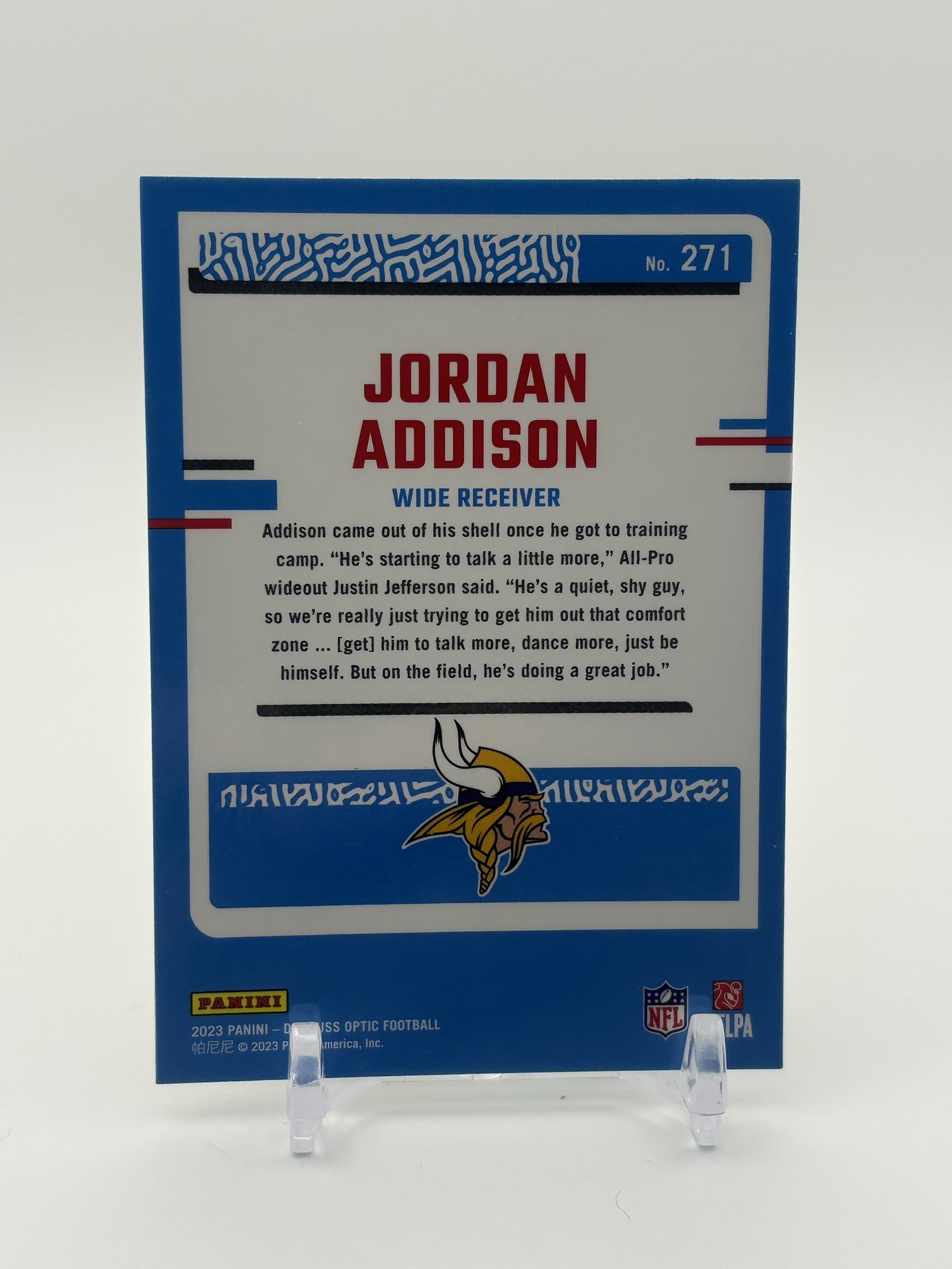 lot 539 image: 2023 Donruss Optic Rated Rookie Jordan Addison Minnesota Vikings Card