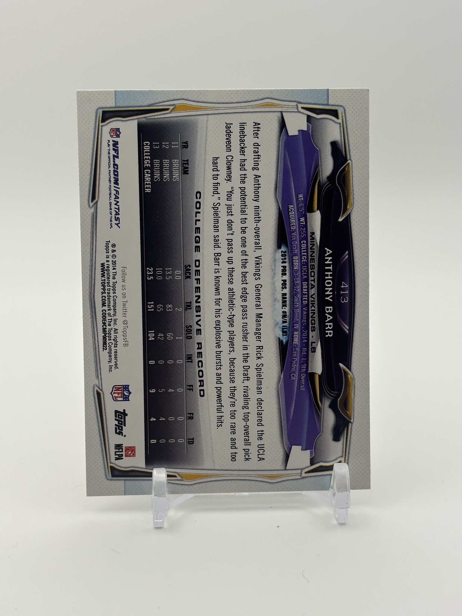 lot 541 image: 2014 Topps Chrome - Anthony Barr #161 Rookie Card Minnesota Vikings