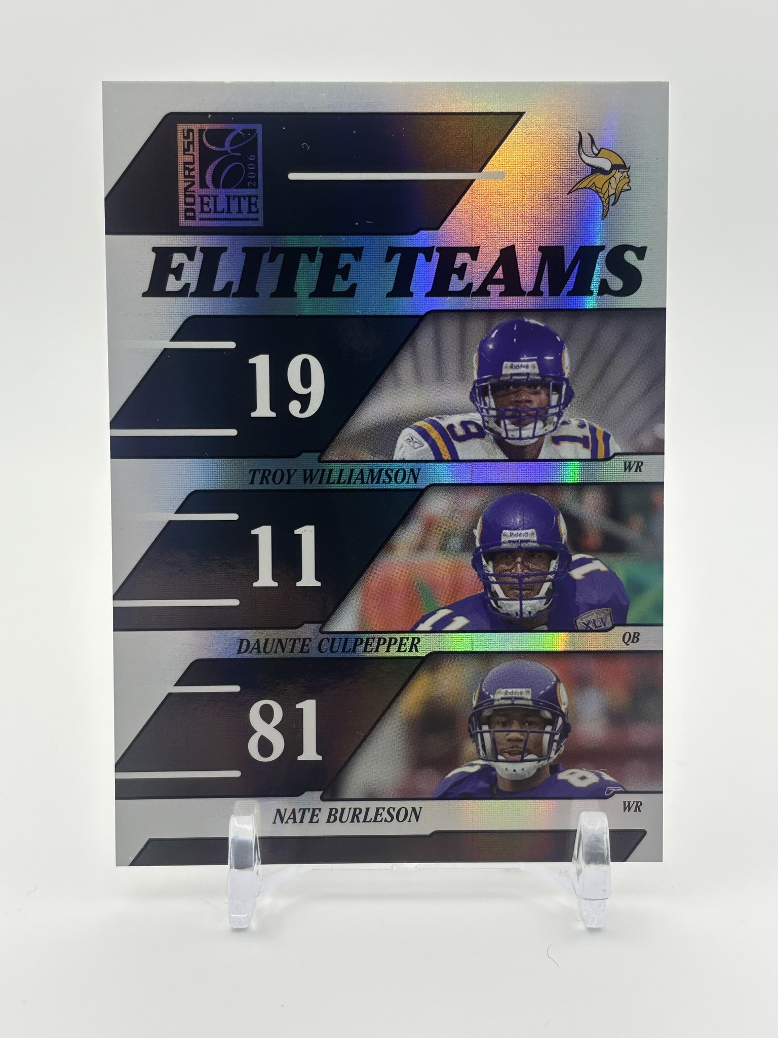 lot 561 image: 2006 Donruss Elite Elite Teams Insert Card Featuring Daunte Culpepper, Nate Burleson and Troy Williamson #d 5561000