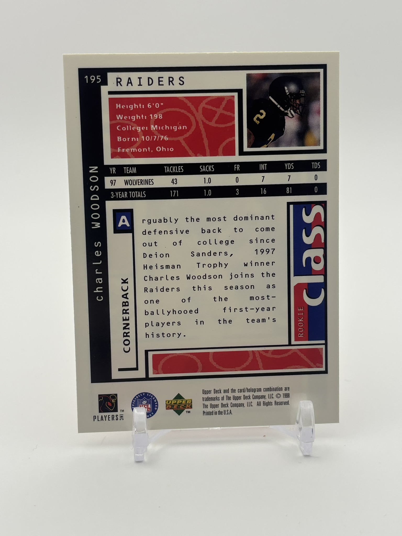 lot 564 image: 1998 Upper Deck UD Choice - Rookie Class Charles Woodson #195 Rookie Card Green Bay Packers NFL