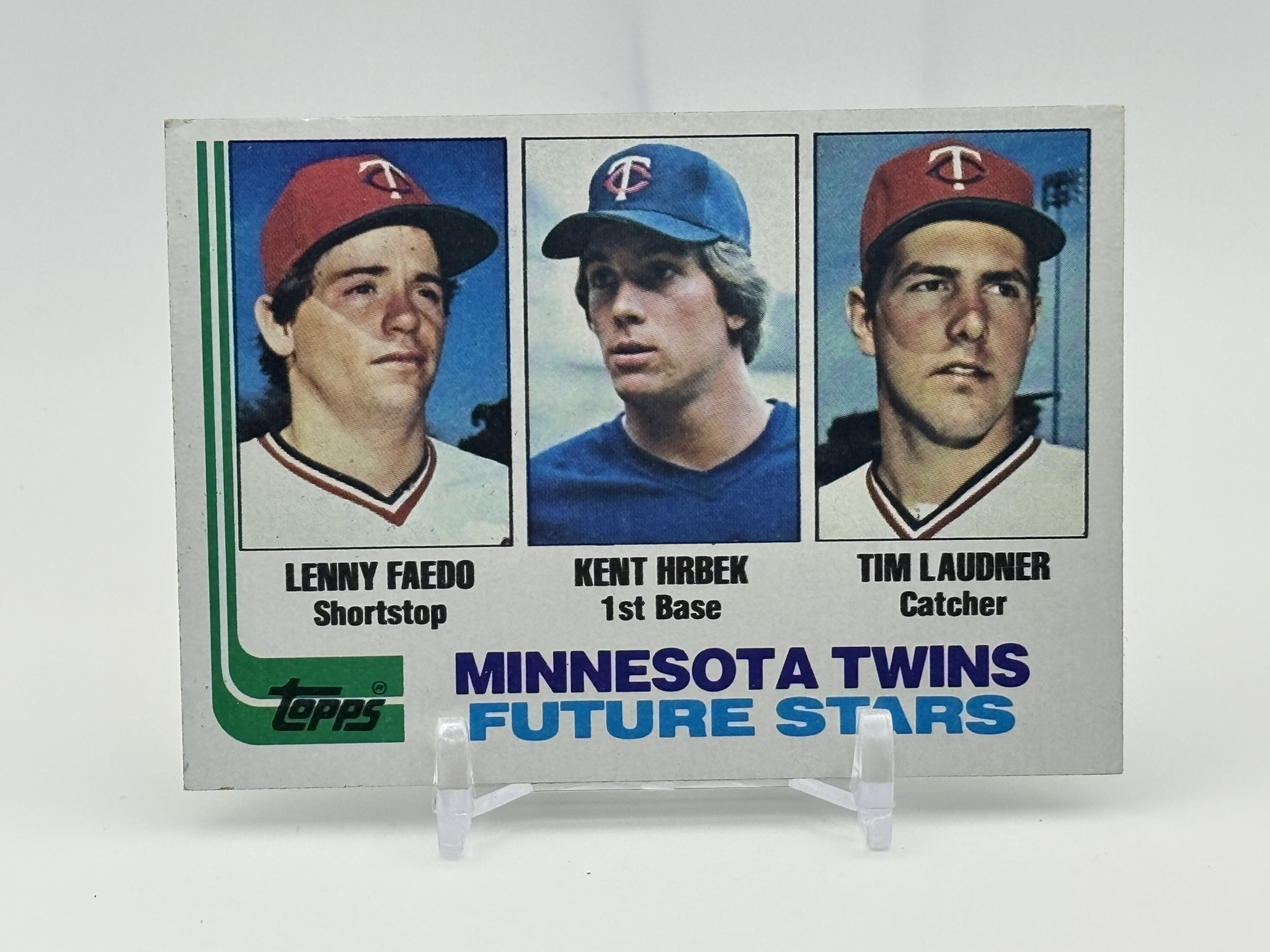 lot 571 image: 1982 Topps Kent Hrbek Lenny Faedo Tim Laudner #766 (Rookie Card)