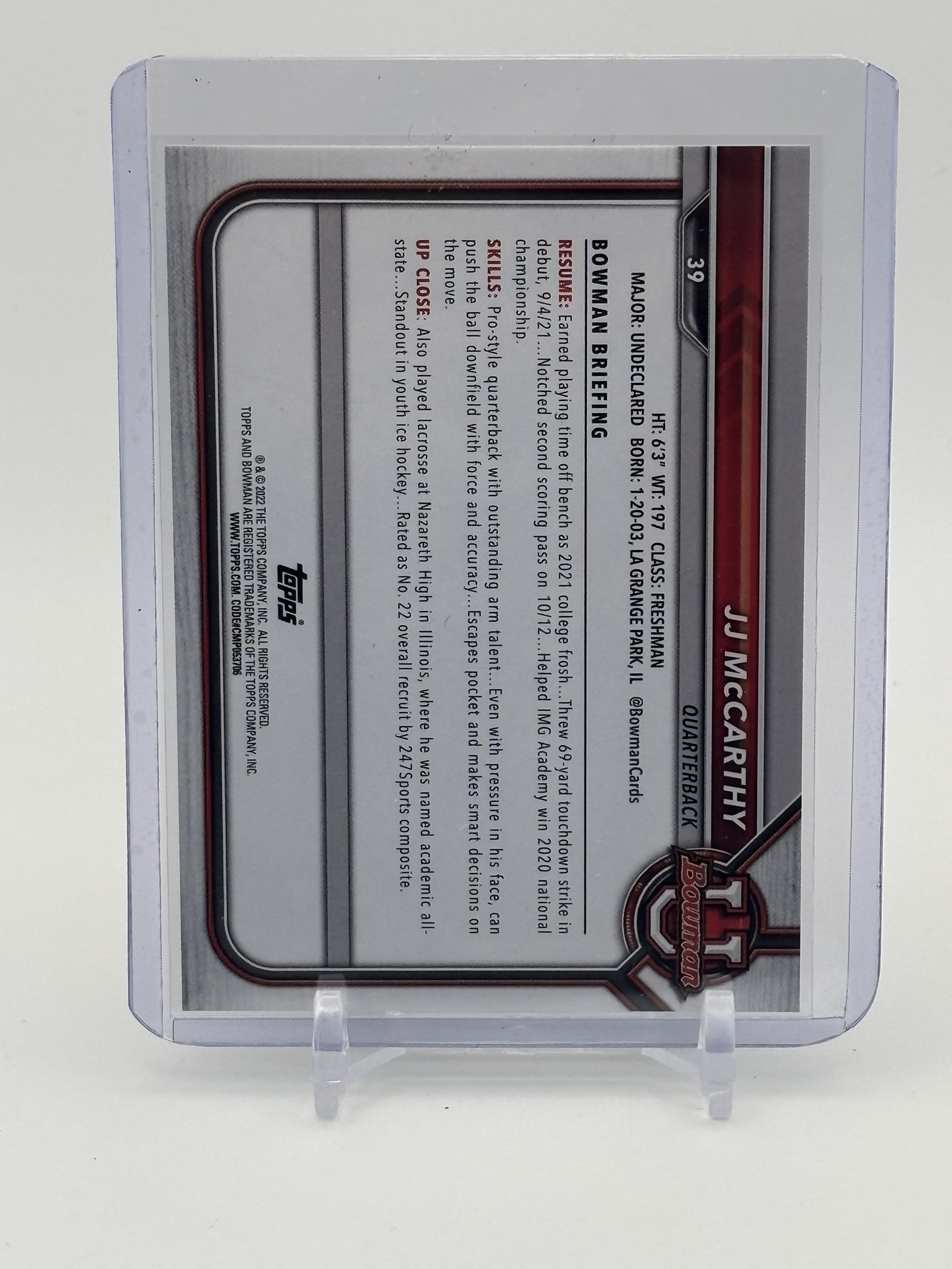 lot 573 image: 2022 Bowman U JJ McCarthy 1st Bowman Rookie Card (McCarthys Very First Card Printed by BowmanTopps